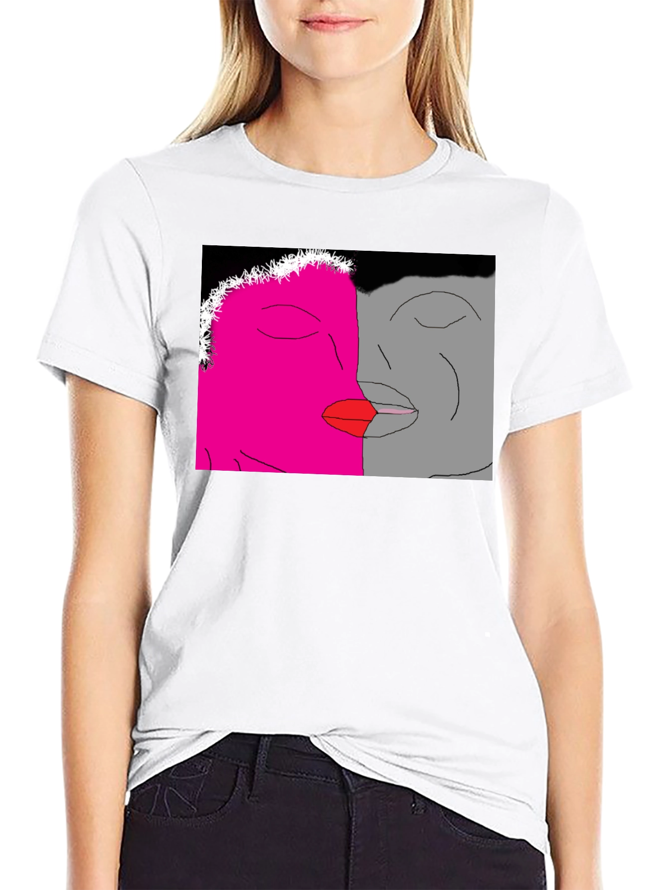 Unique Artistic Black T-Shirt with Kissing Faces Design