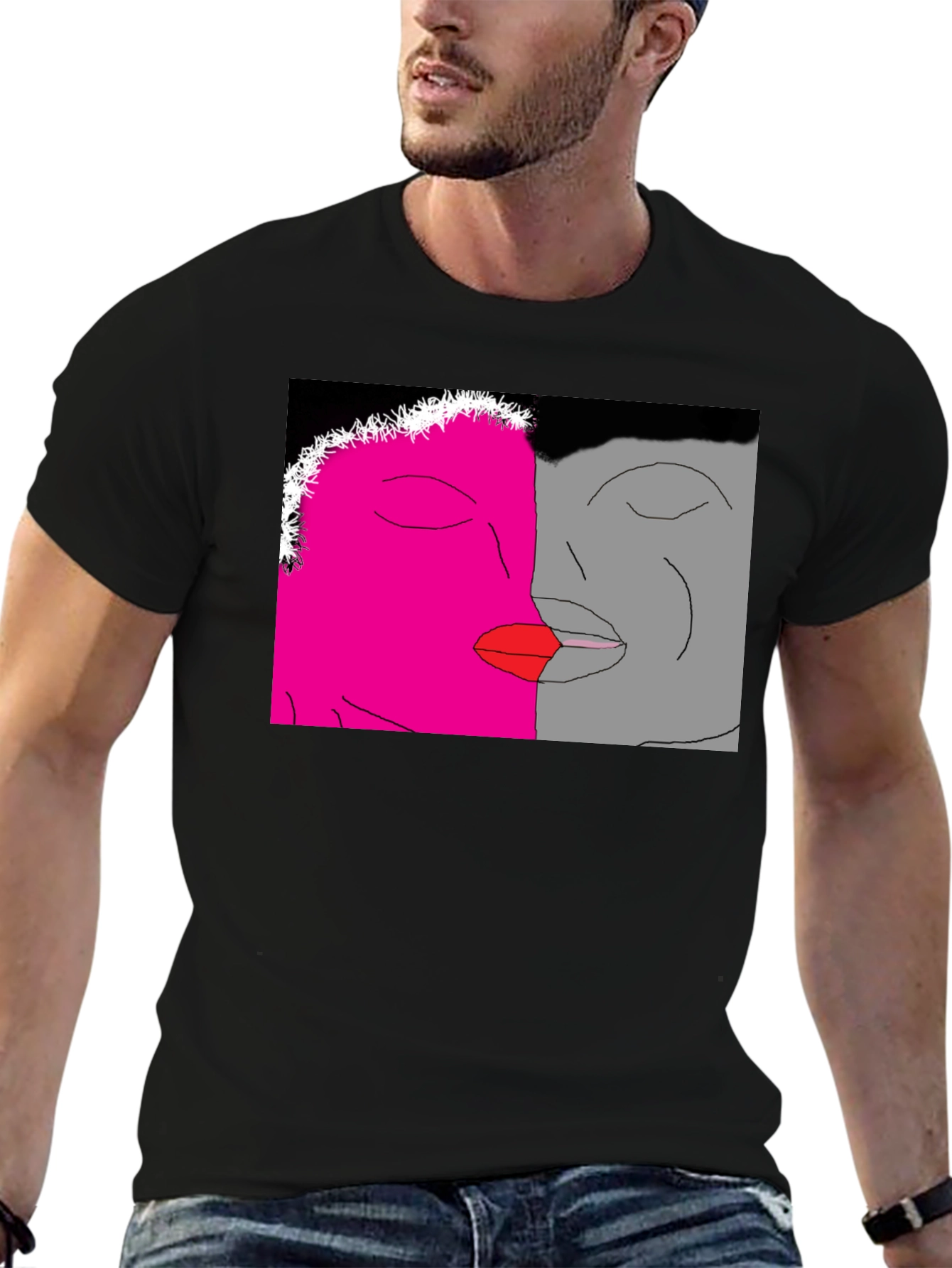 Unique Artistic Black T-Shirt with Kissing Faces Design