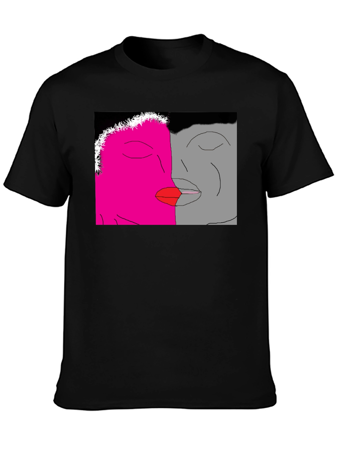 Unique Artistic Black T-Shirt with Kissing Faces Design