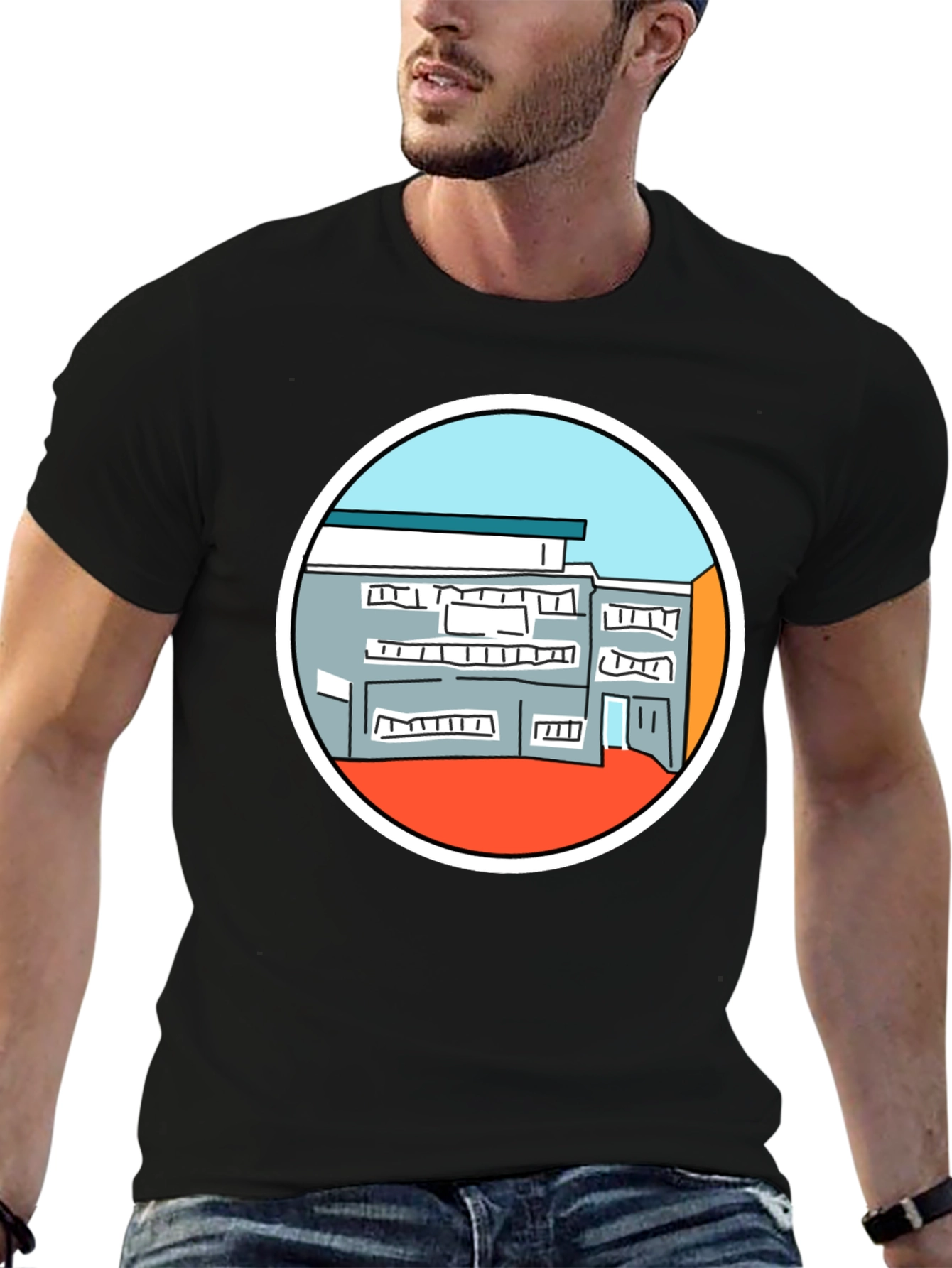 Building Graphic Tee - Unique Design Black T-Shirt