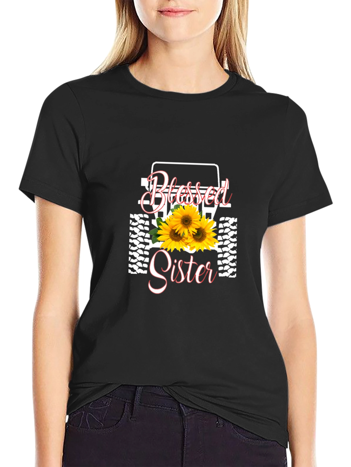 Blessed Sister Black T-Shirt Sunflower Graphic
