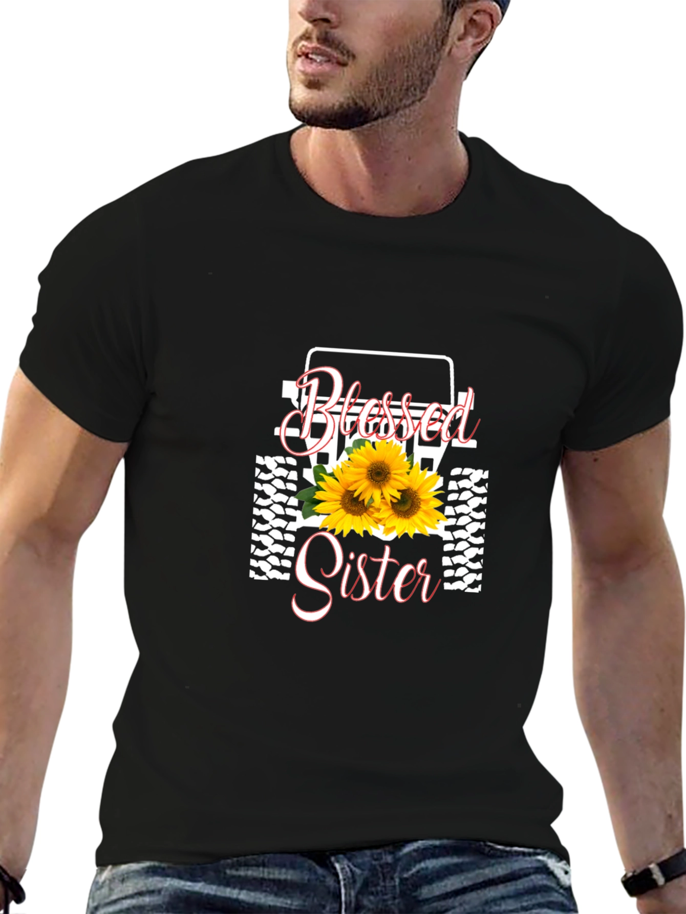 Blessed Sister Black T-Shirt Sunflower Graphic