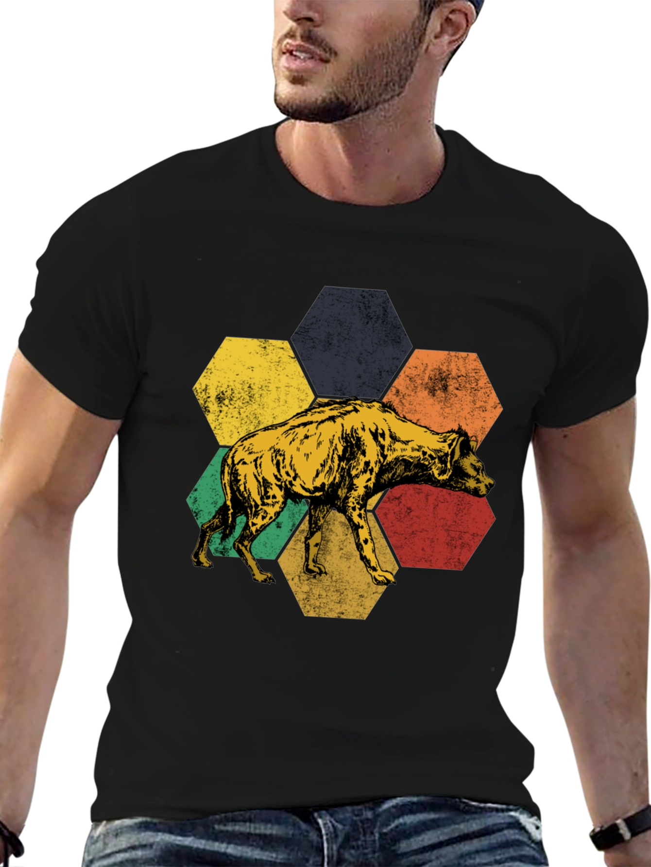 Hyena Hexagon Graphic Tee - Stylish Animal Print Shirt