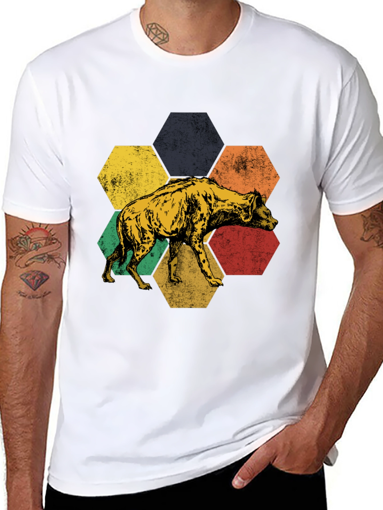 Hyena Hexagon Graphic Tee - Stylish Animal Print Shirt