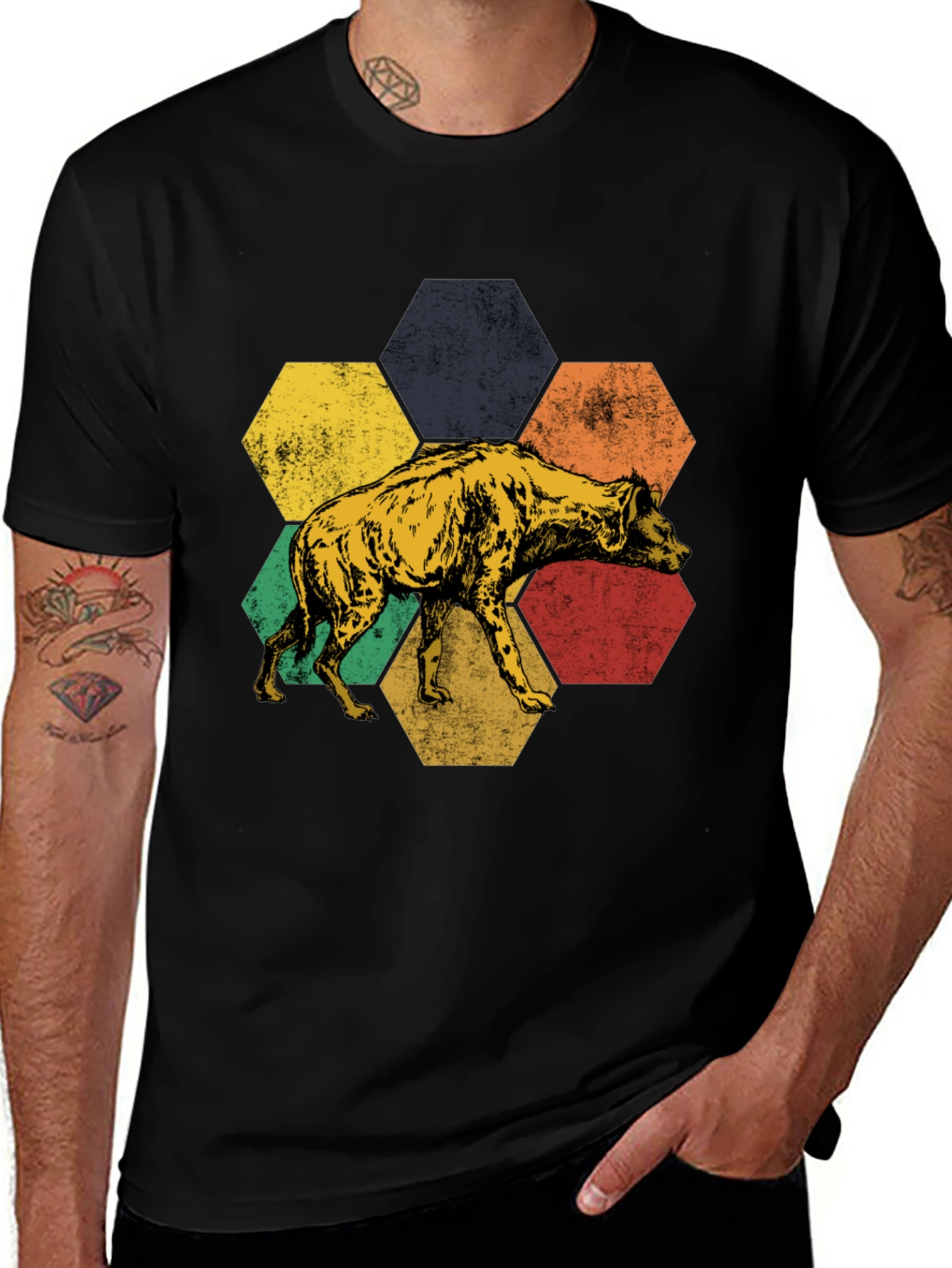 Hyena Hexagon Graphic Tee - Stylish Animal Print Shirt