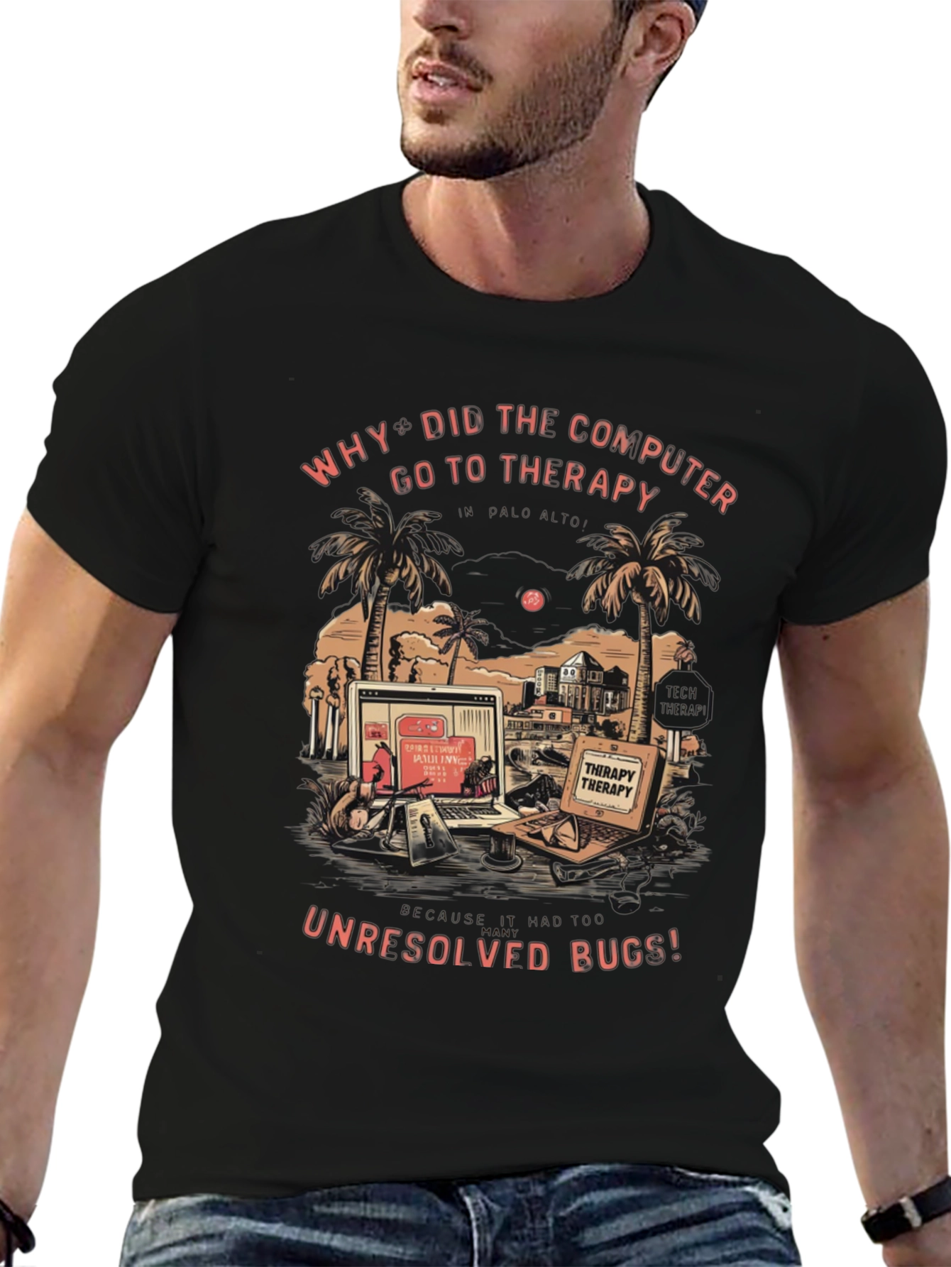 Therapy Computer Humor Black Graphic Tee