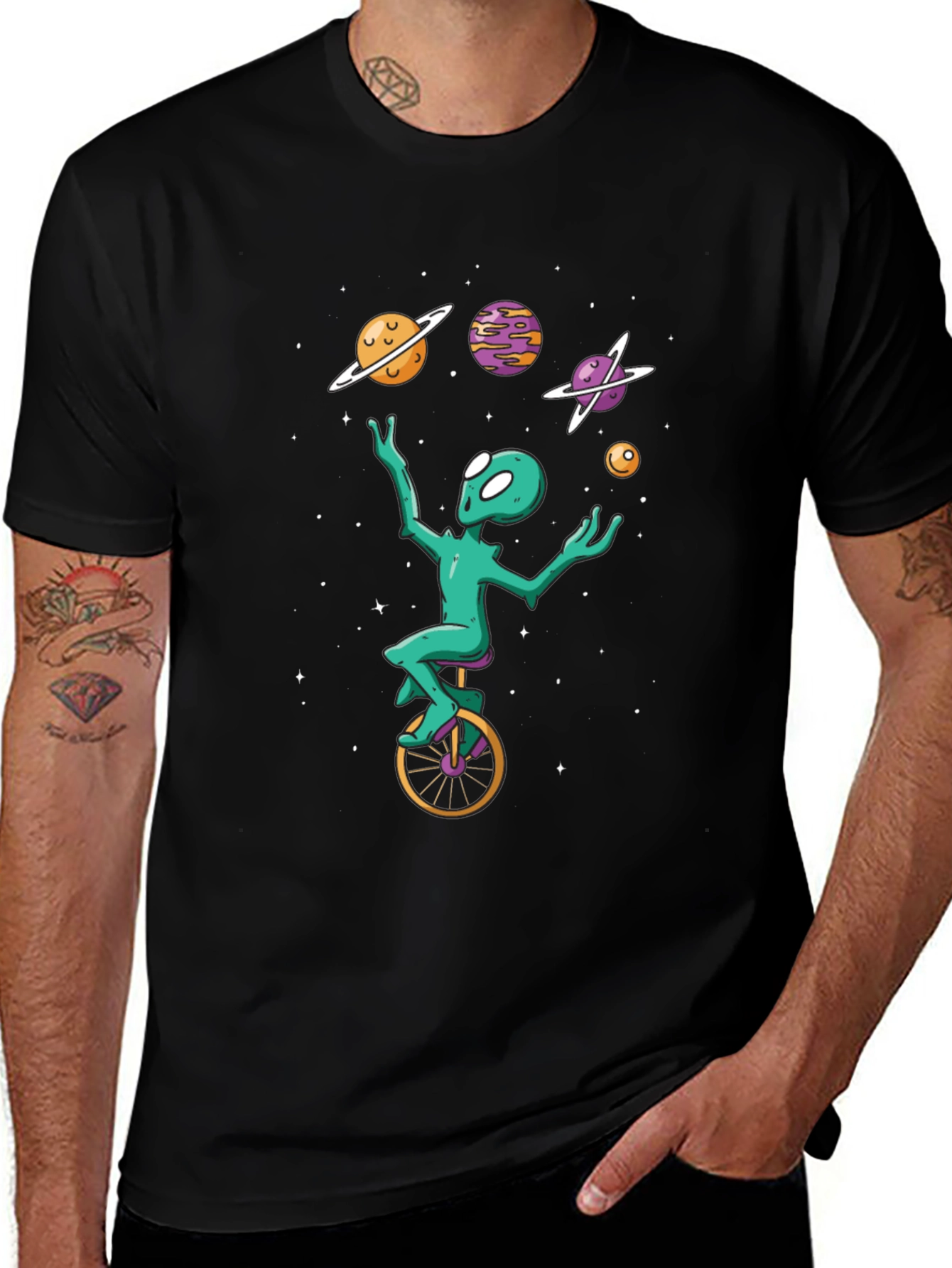 Alien Juggling Planets on Unicycle T-Shirt