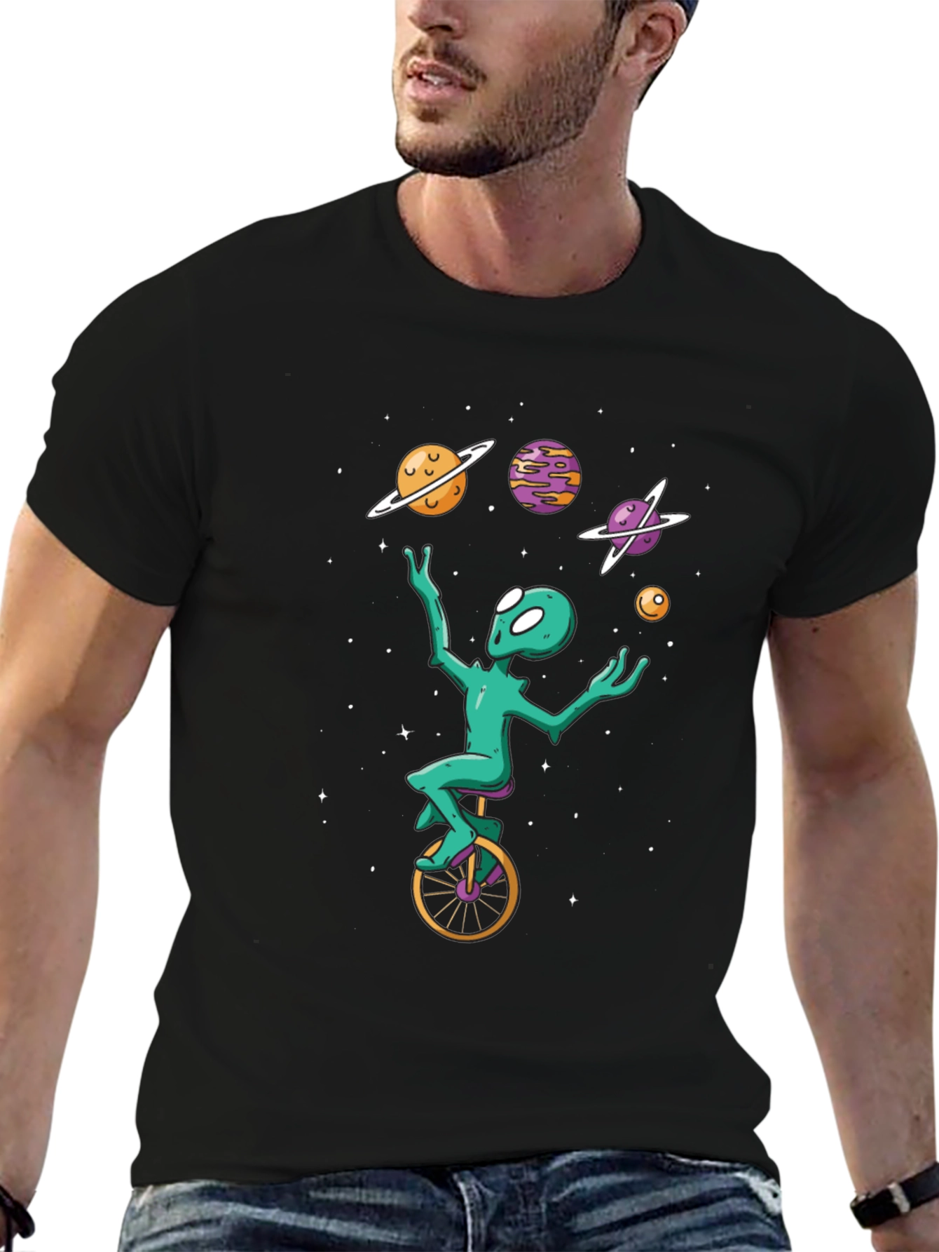 Alien Juggling Planets on Unicycle T-Shirt
