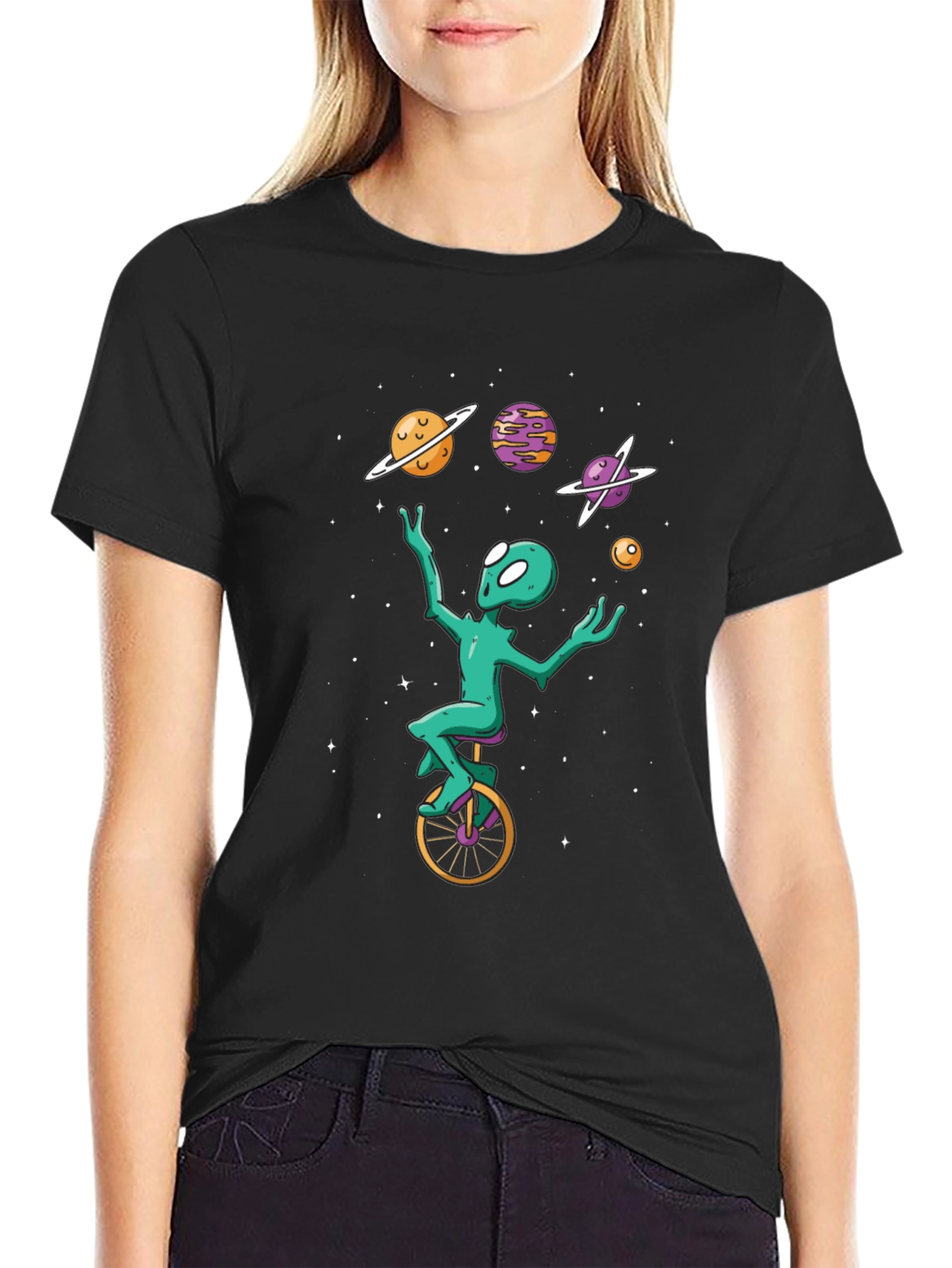 Alien Juggling Planets on Unicycle T-Shirt