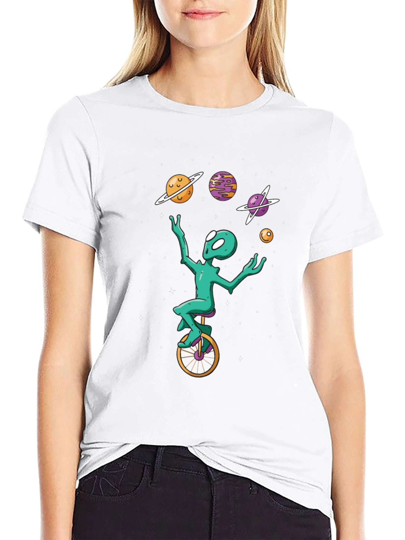 Alien Juggling Planets on Unicycle T-Shirt