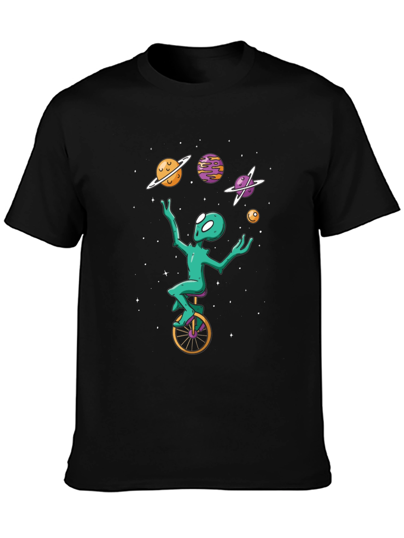 Alien Juggling Planets on Unicycle T-Shirt