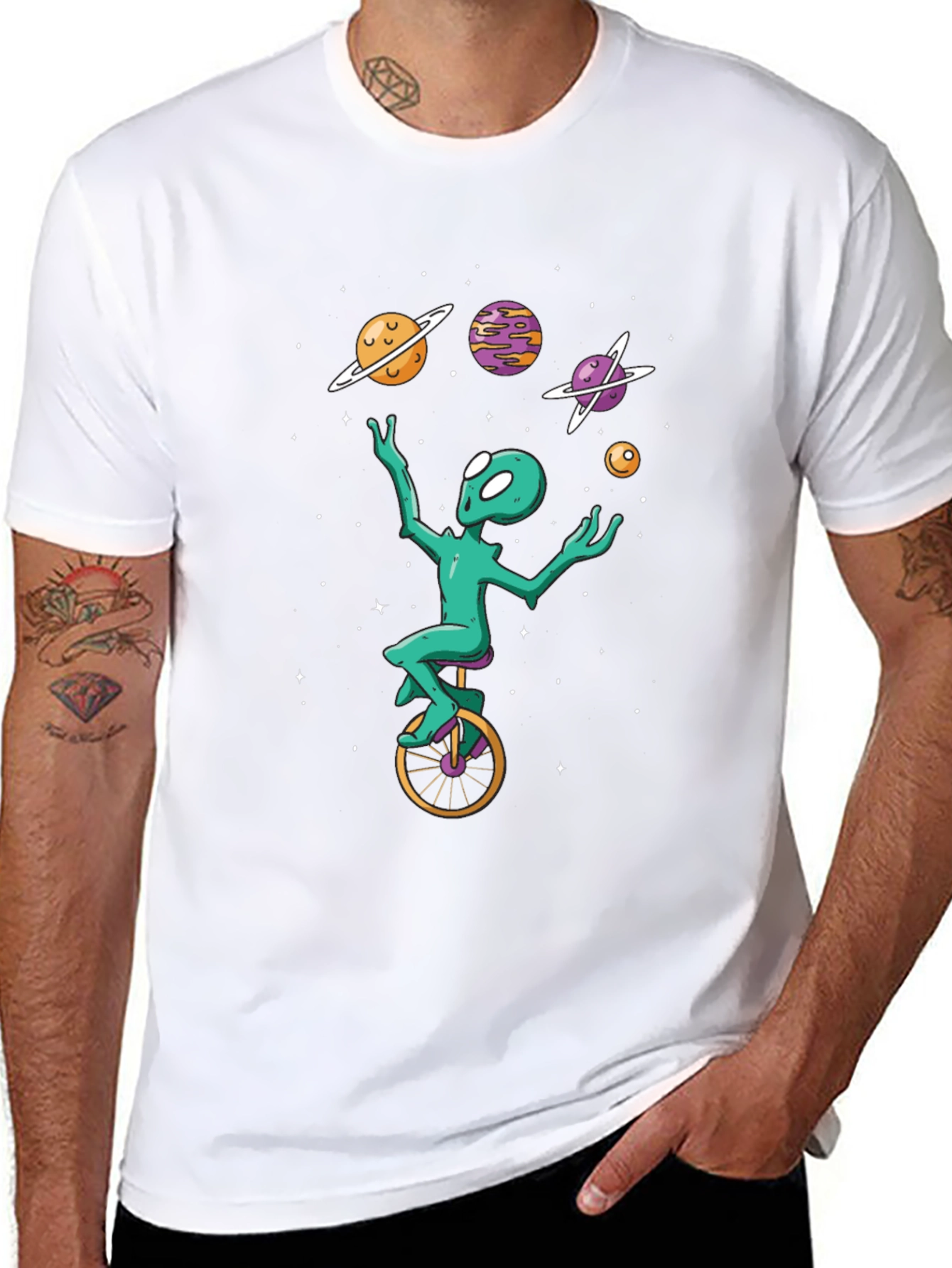 Alien Juggling Planets on Unicycle T-Shirt