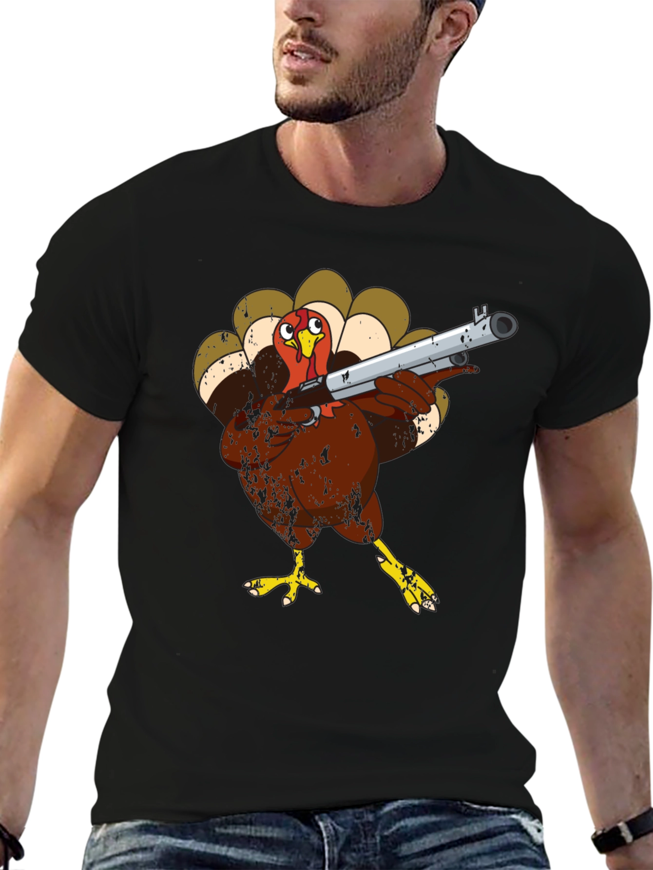 Turkey with Shotgun Black T-Shirt - Funny Thanksgiving Tee