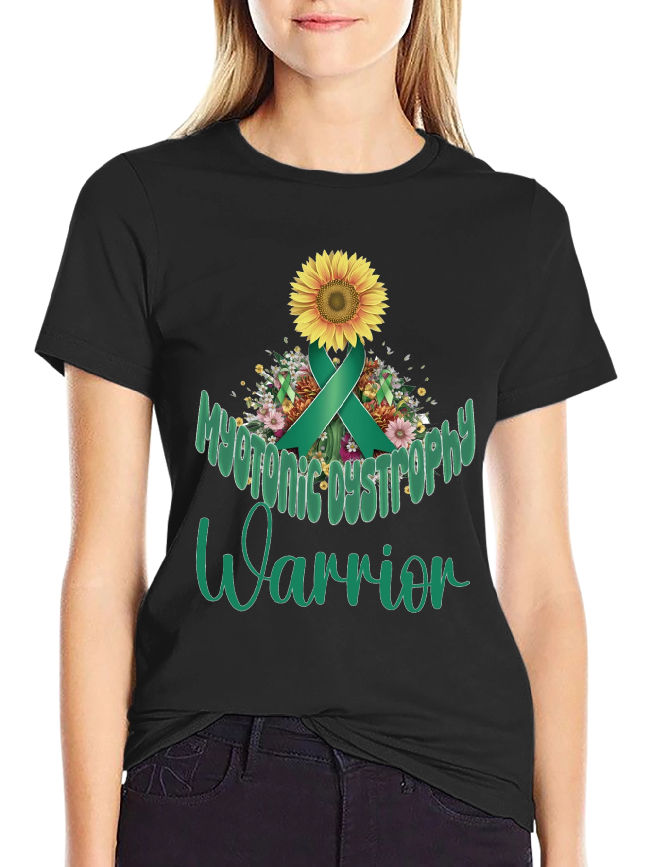 Myotonic Dystrophy Warrior T-Shirt - Teal Ribbon Sunflower
