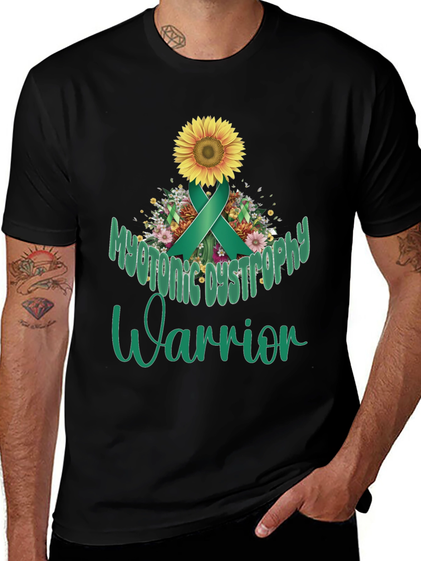 Myotonic Dystrophy Warrior T-Shirt - Teal Ribbon Sunflower