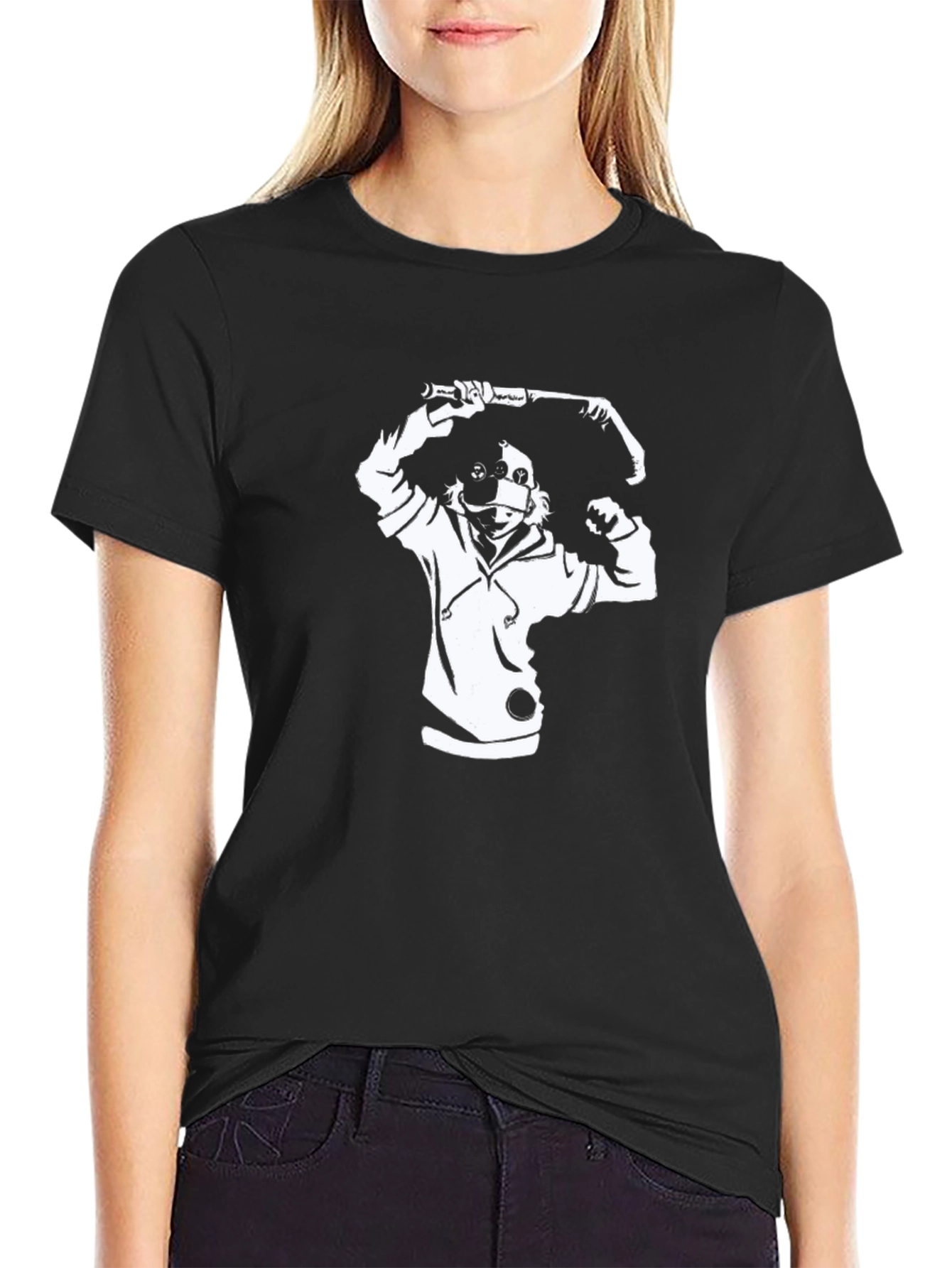Black Graphic Tee - Hooded Character with Baseball Bat