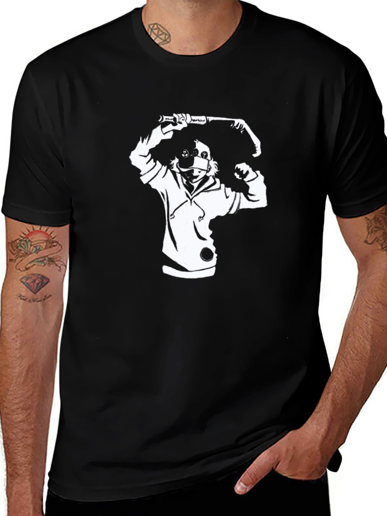 Black Graphic Tee - Hooded Character with Baseball Bat