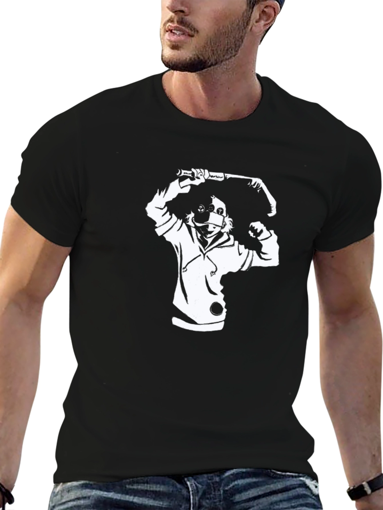 Black Graphic Tee - Hooded Character with Baseball Bat