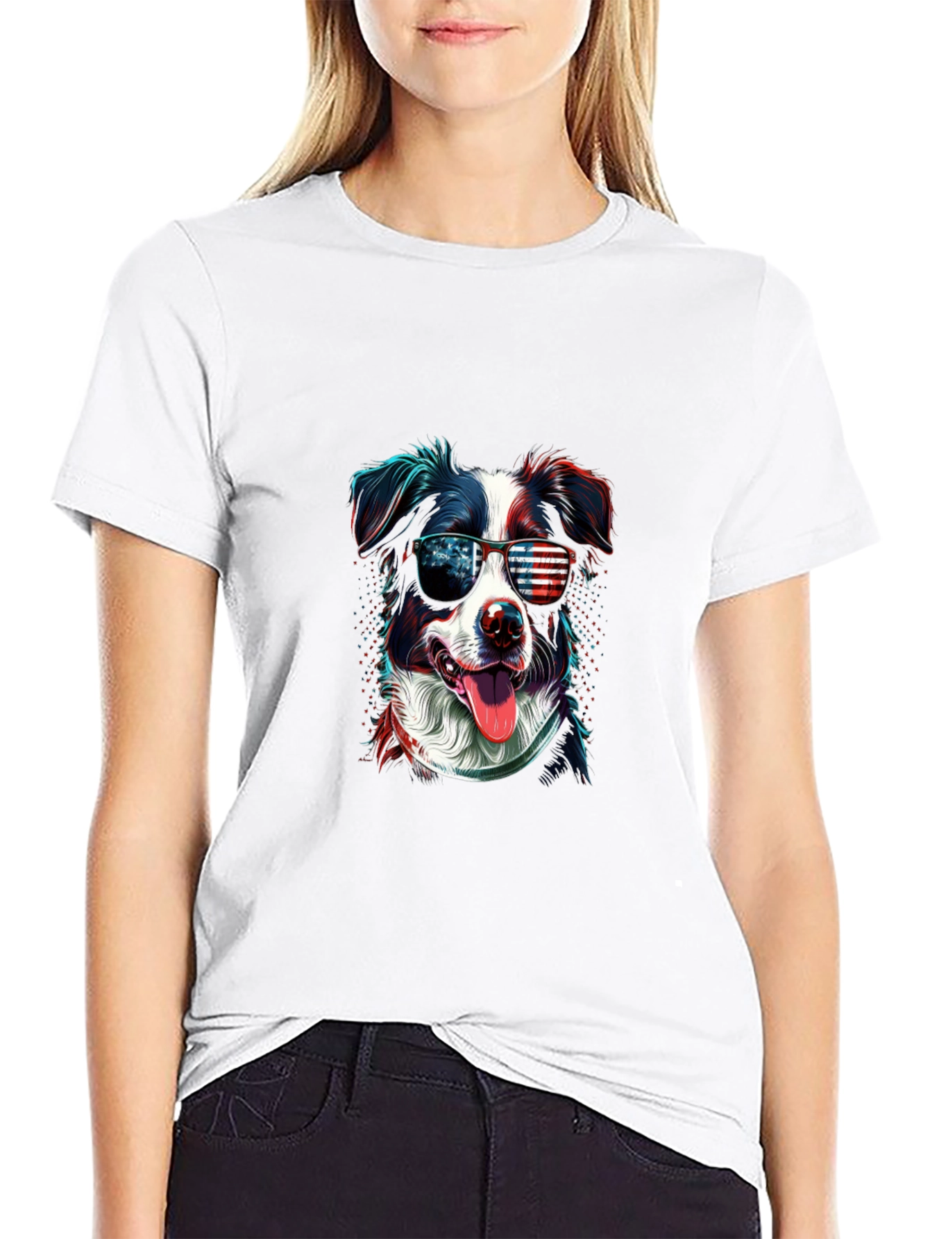 Patriotic Dog Graphic Tee - American Flag Sunglasses