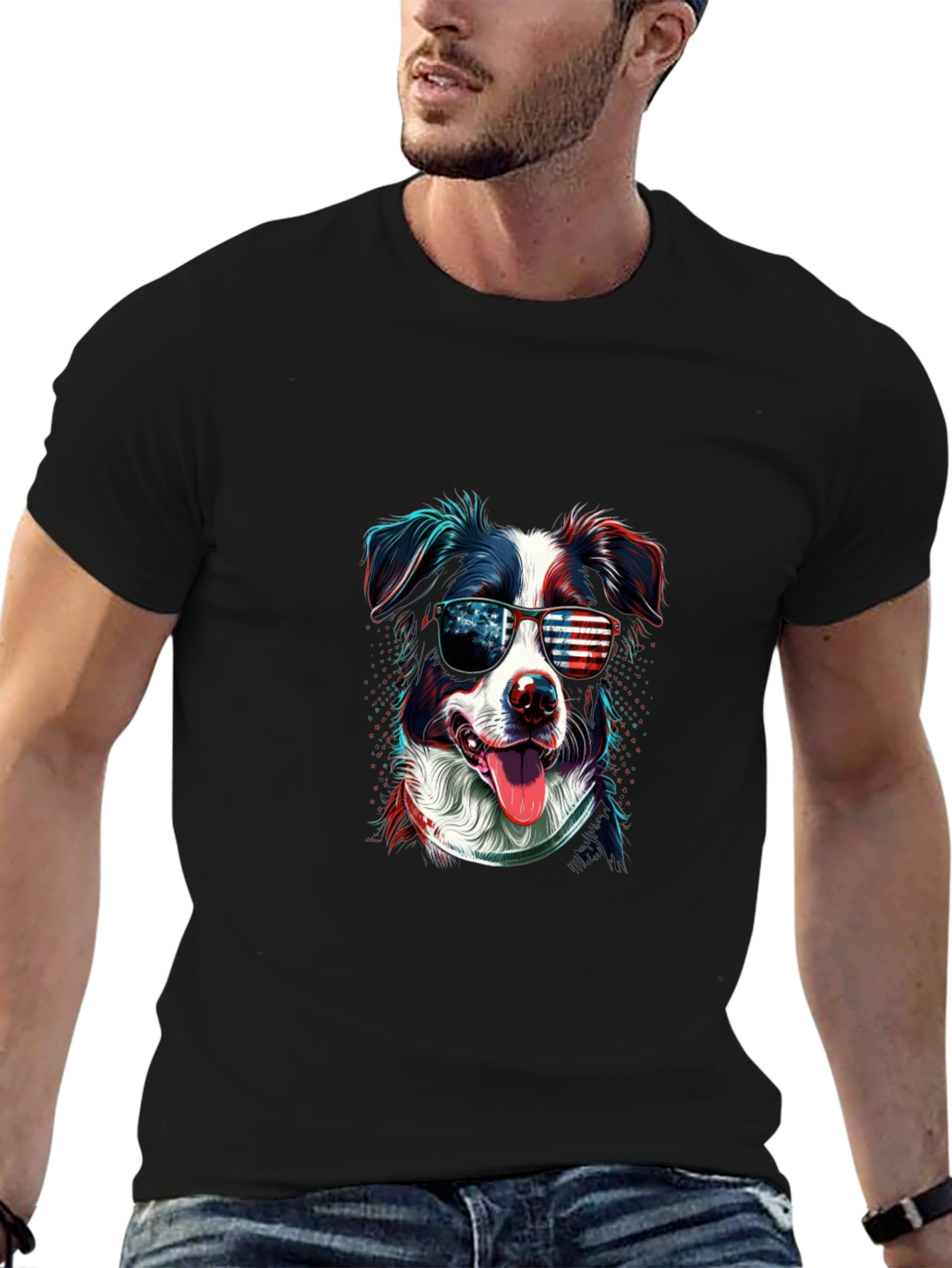 Patriotic Dog Graphic Tee - American Flag Sunglasses