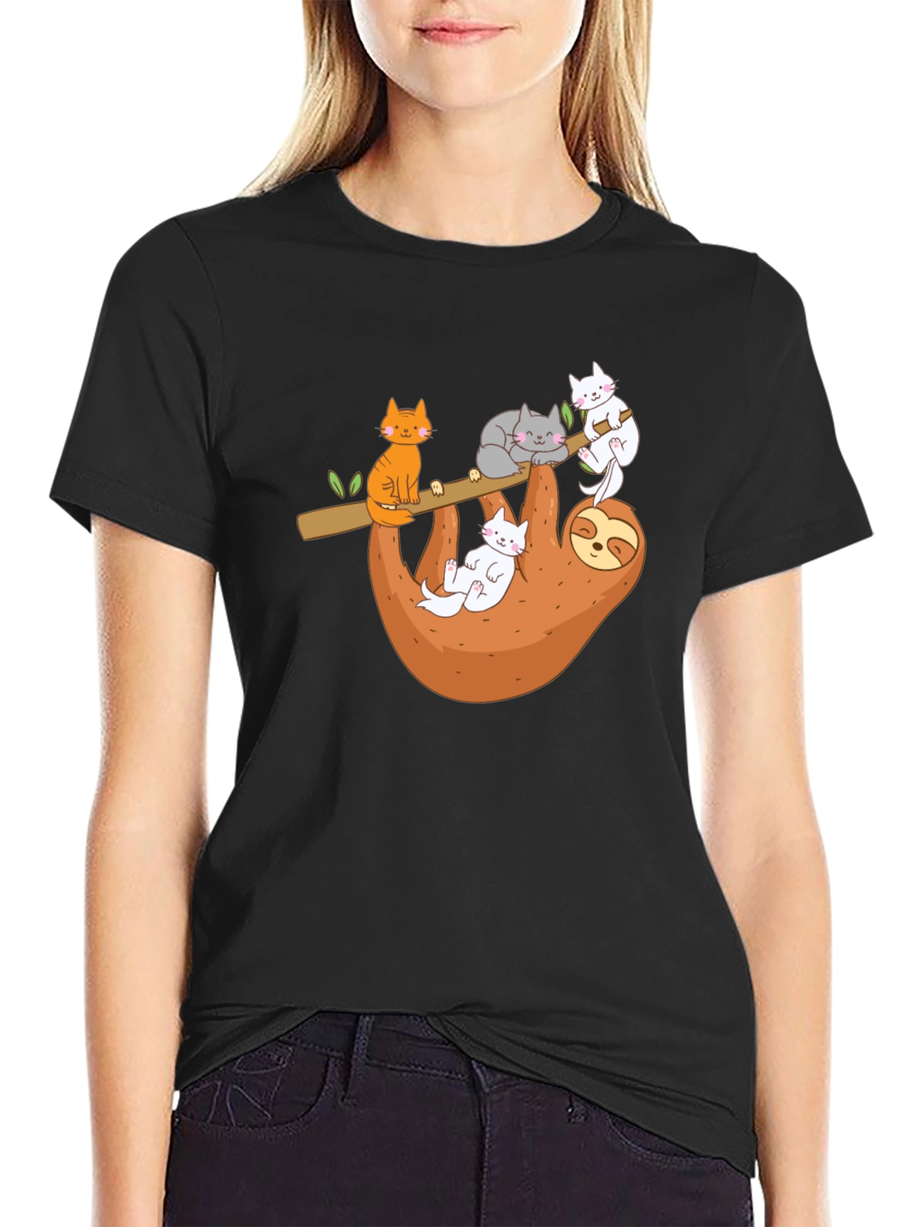 Cats & Sloth Black T-Shirt