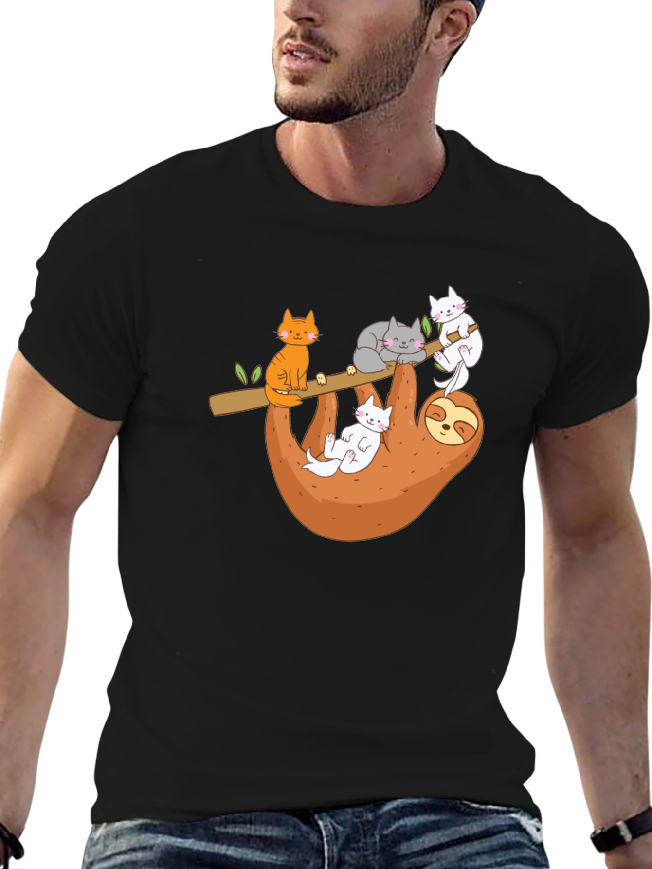 Cats & Sloth Black T-Shirt