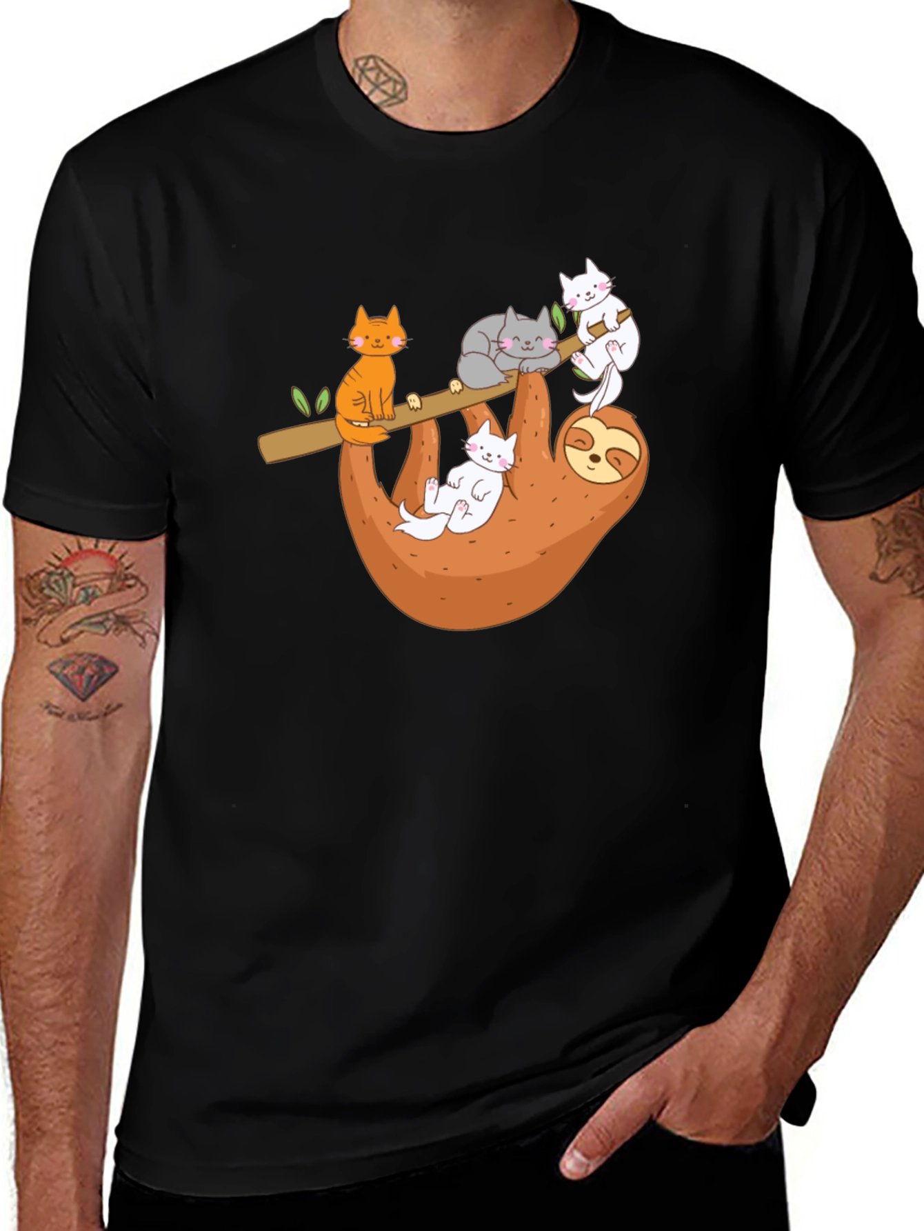 Cats & Sloth Black T-Shirt
