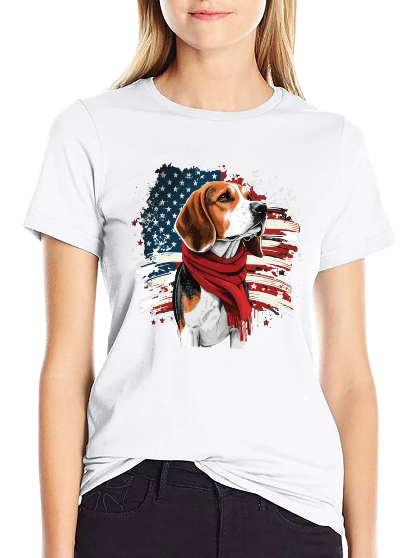 Patriotic Beagle T-Shirt - USA Flag Scarf