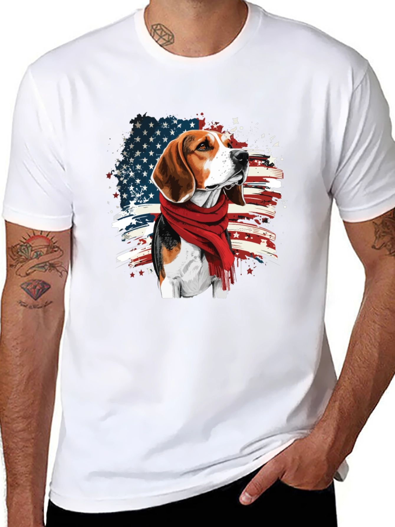 Patriotic Beagle T-Shirt - USA Flag Scarf