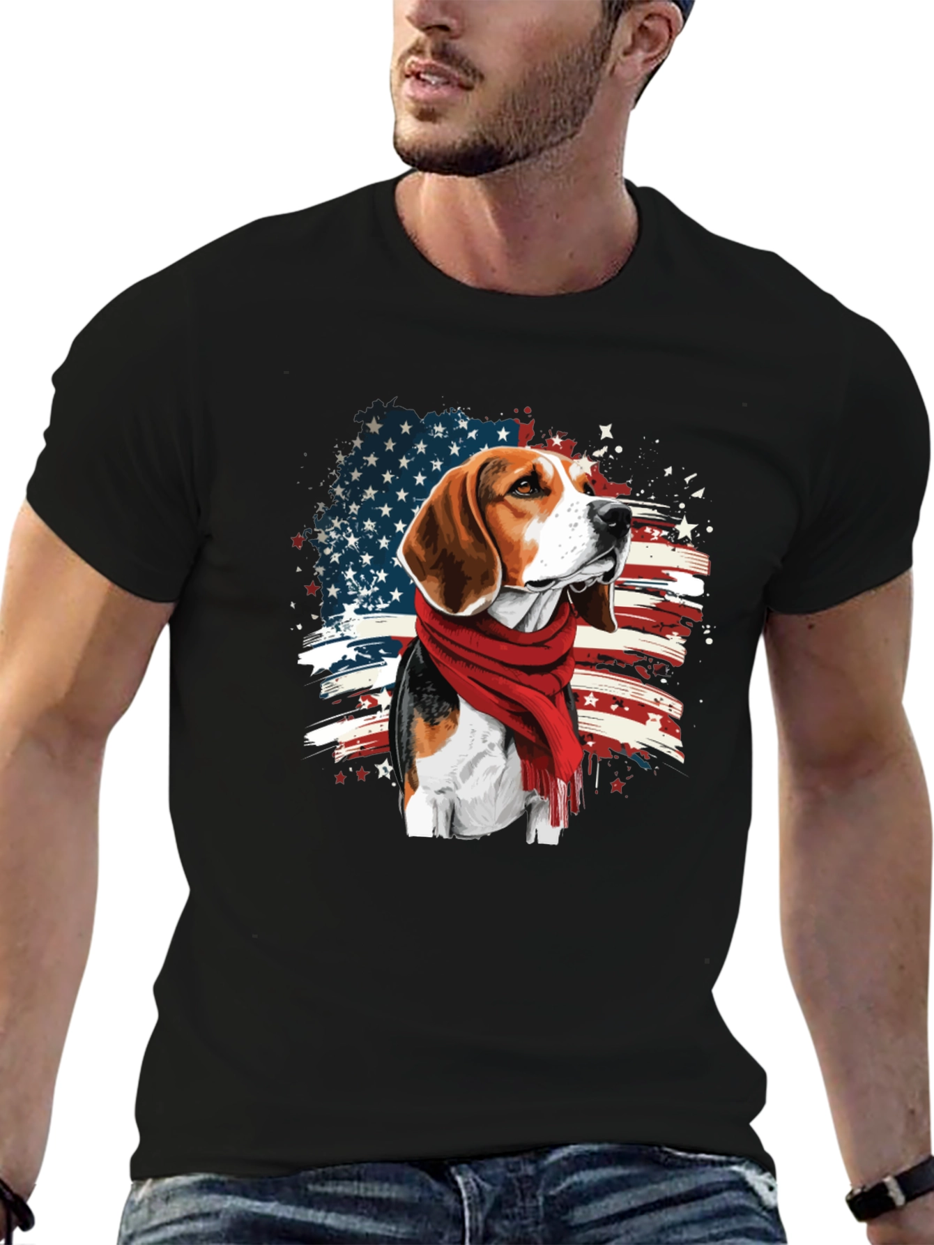 Patriotic Beagle T-Shirt - USA Flag Scarf