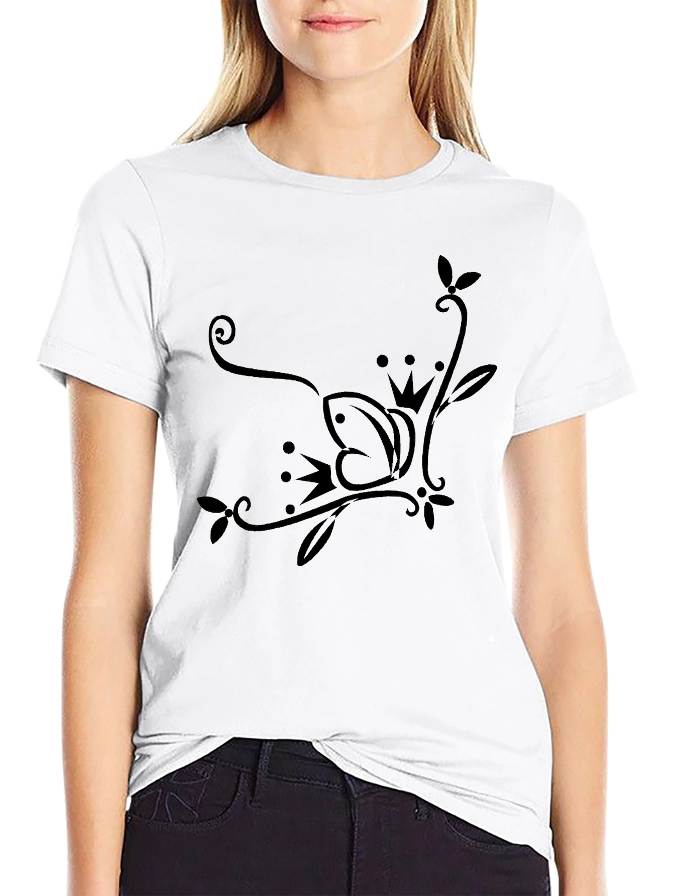 Elegant Crown Butterfly Black T-Shirt