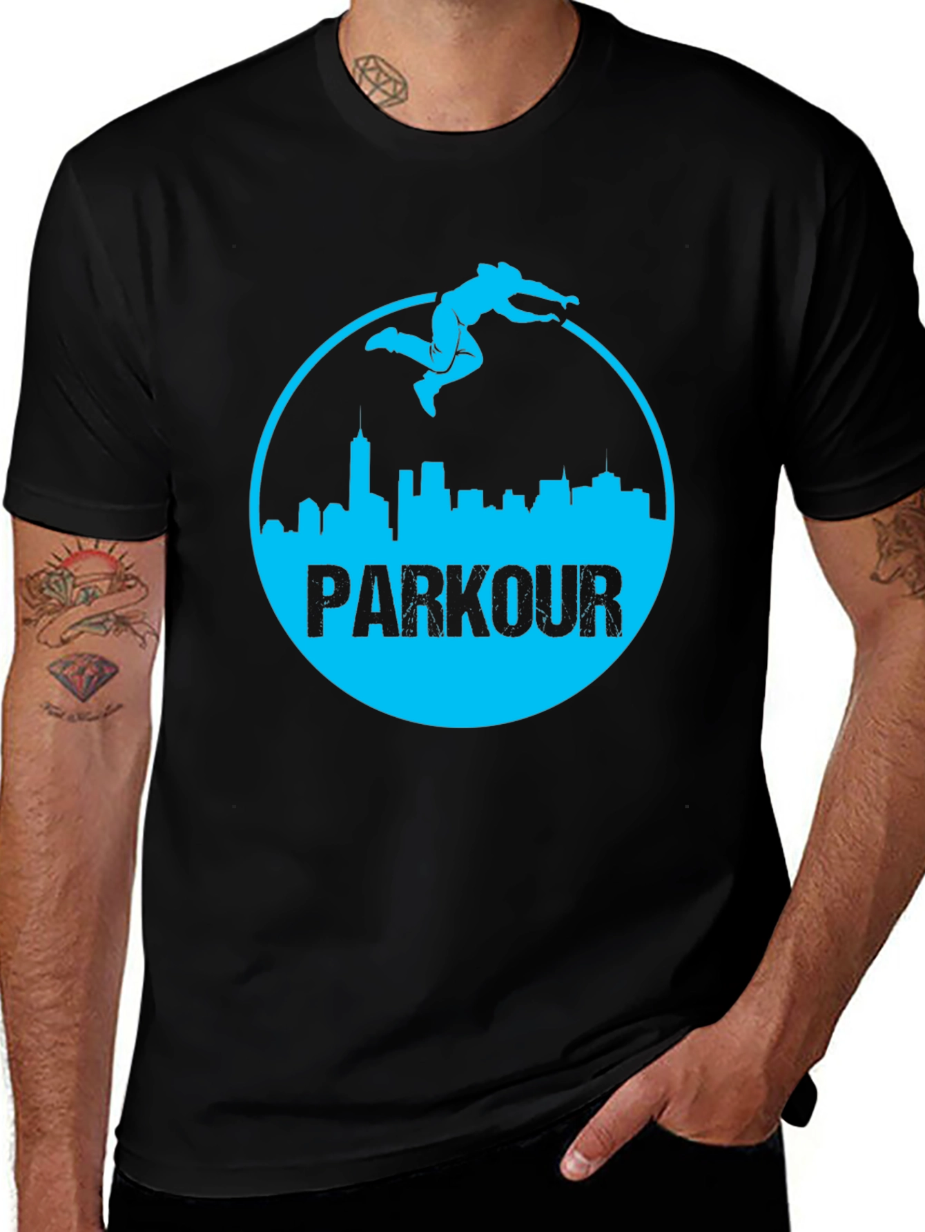 Parkour Cityscape Graphic Tee - Black Cotton Blend