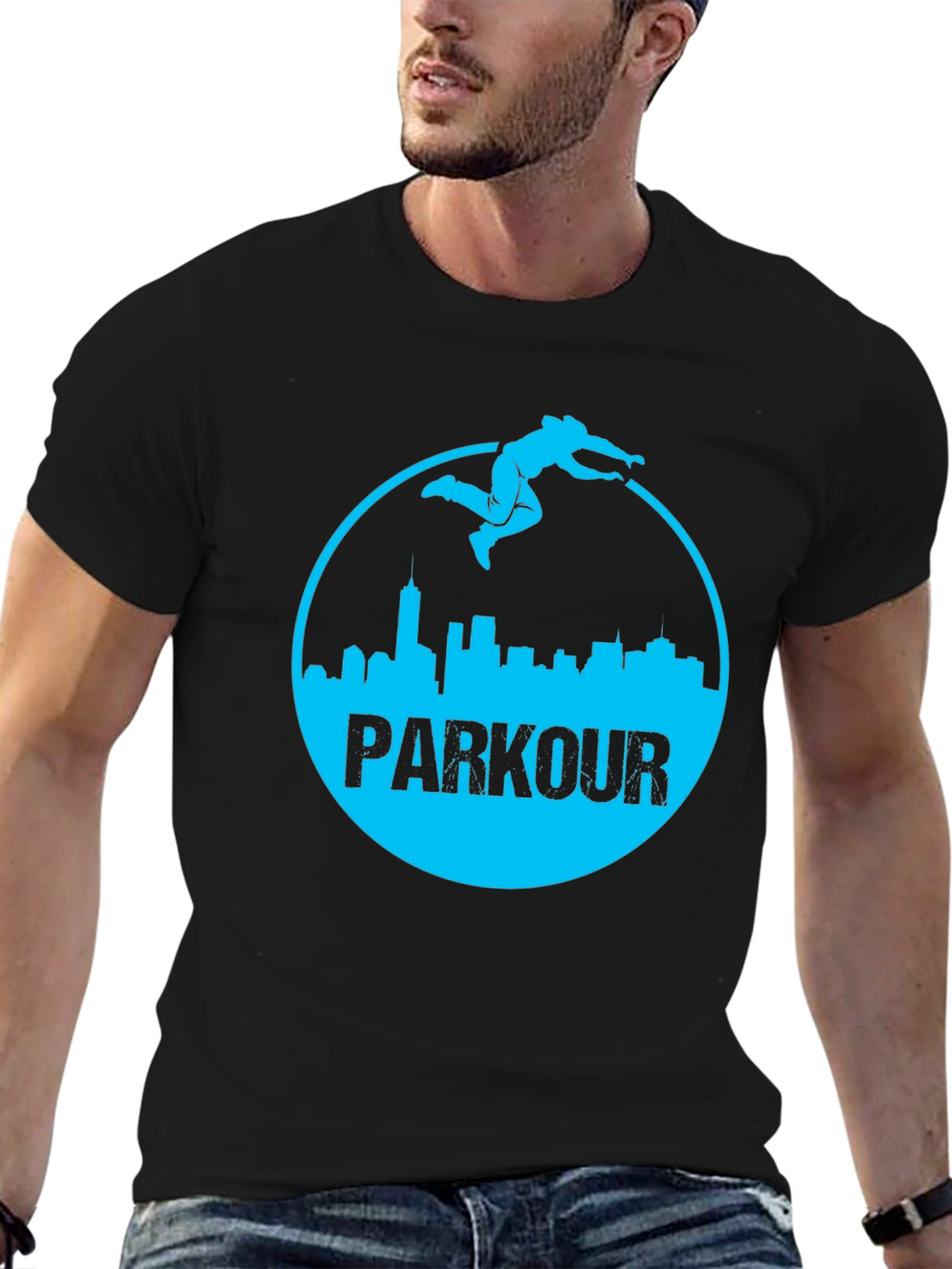 Parkour Cityscape Graphic Tee - Black Cotton Blend