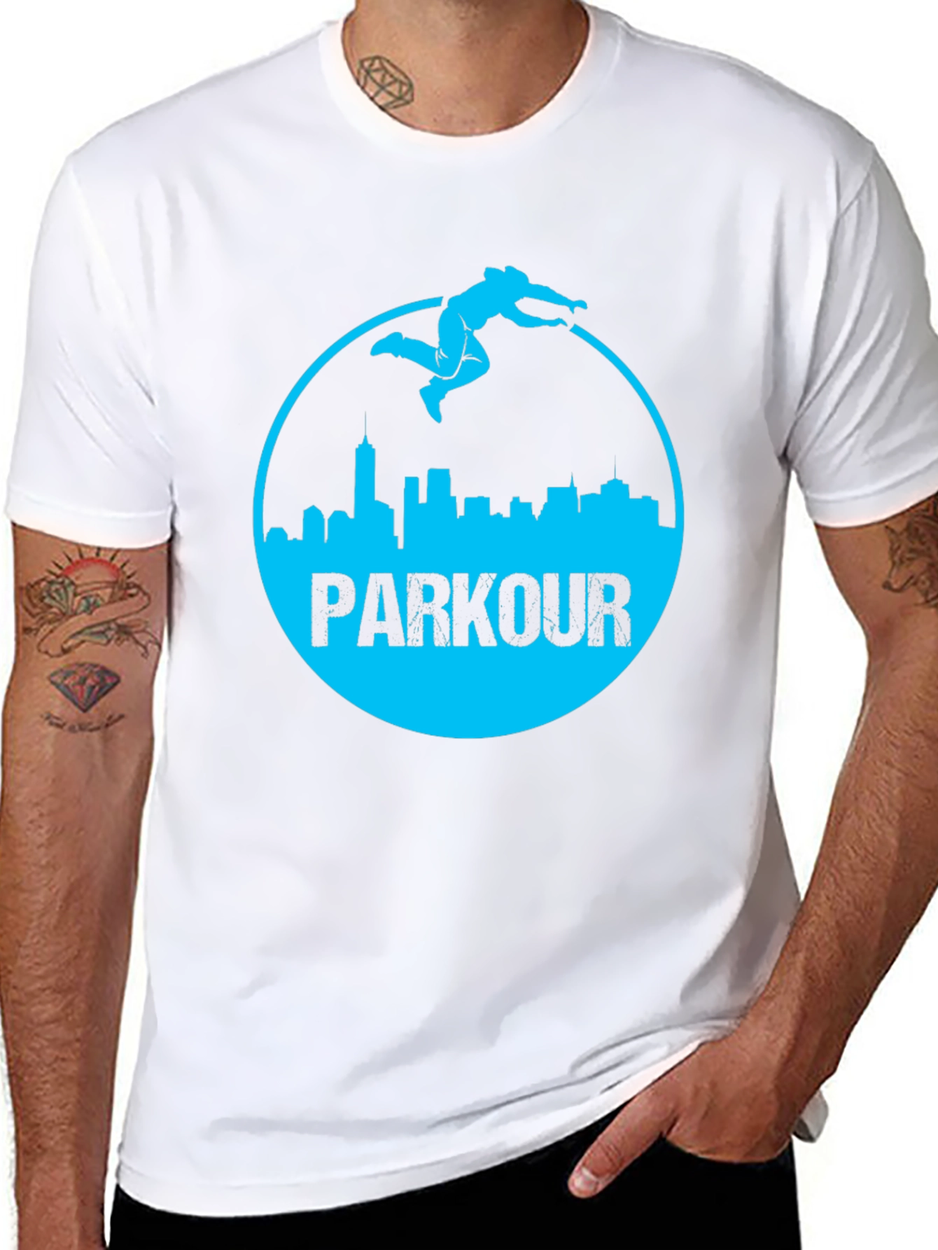 Parkour Cityscape Graphic Tee - Black Cotton Blend