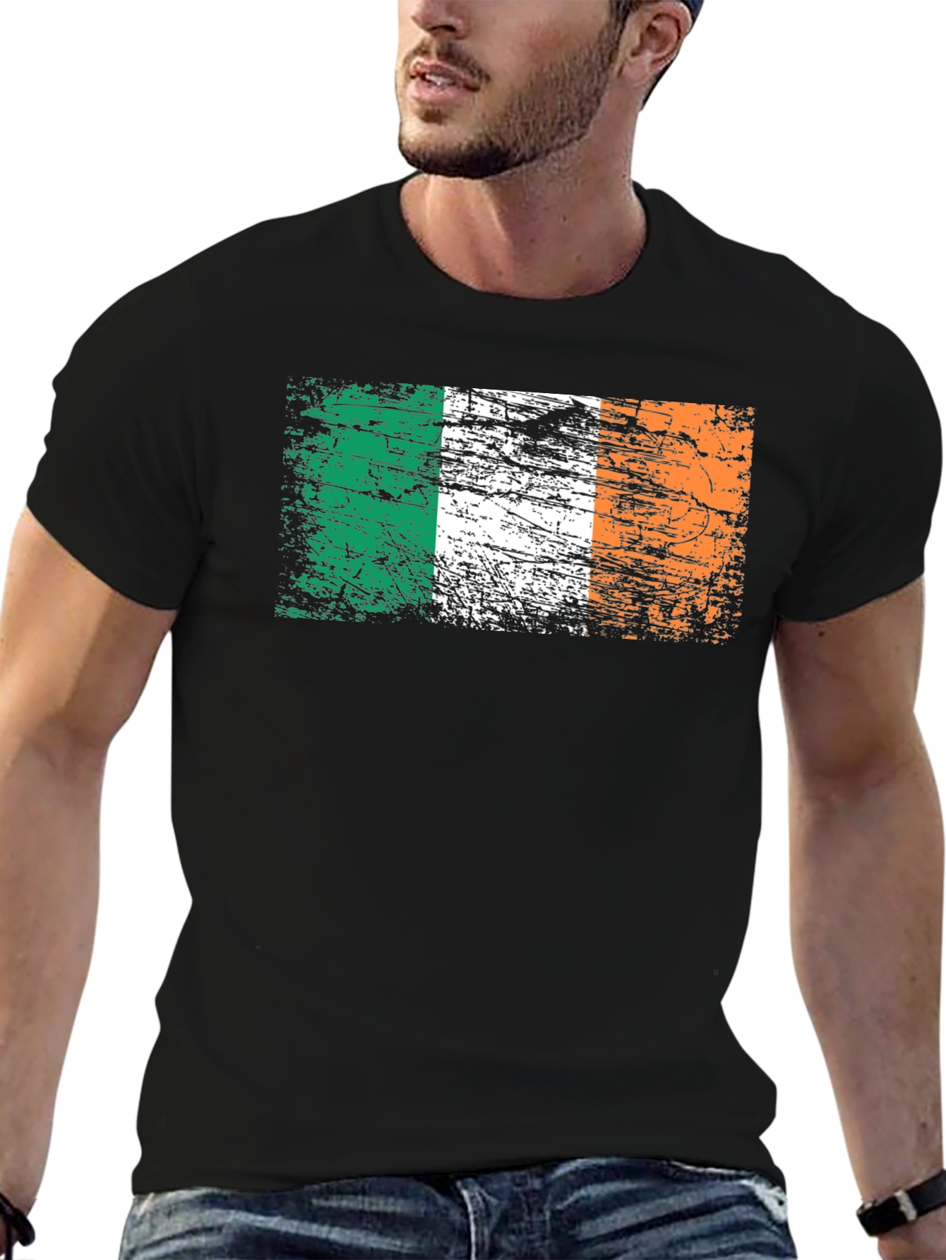 Distressed Ireland Flag Graphic Black T-Shirt
