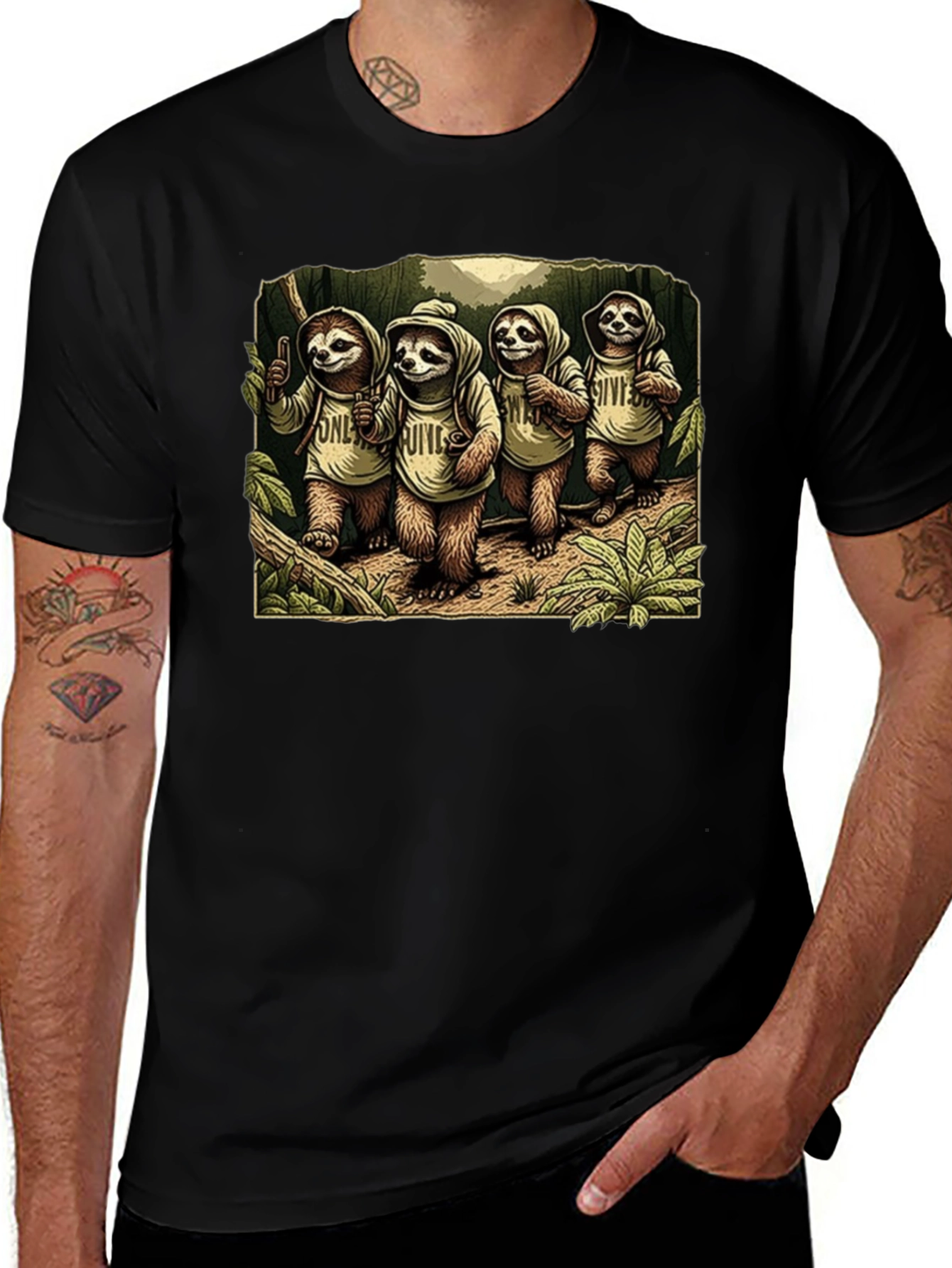 Sloth Hiking Crew Graphic Tee - Cool Animal T-Shirt