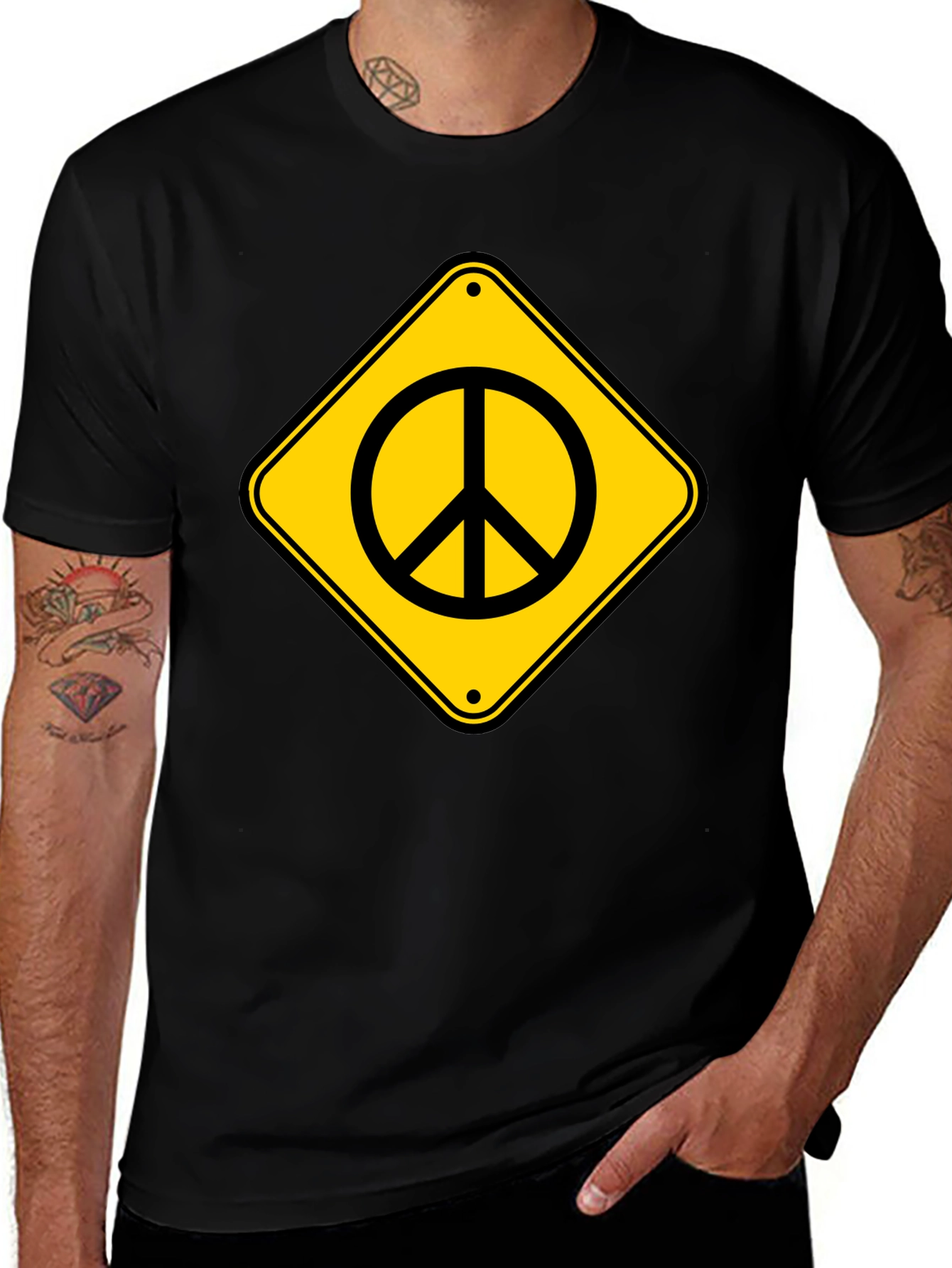 Peace Sign Road Sign Black T-Shirt