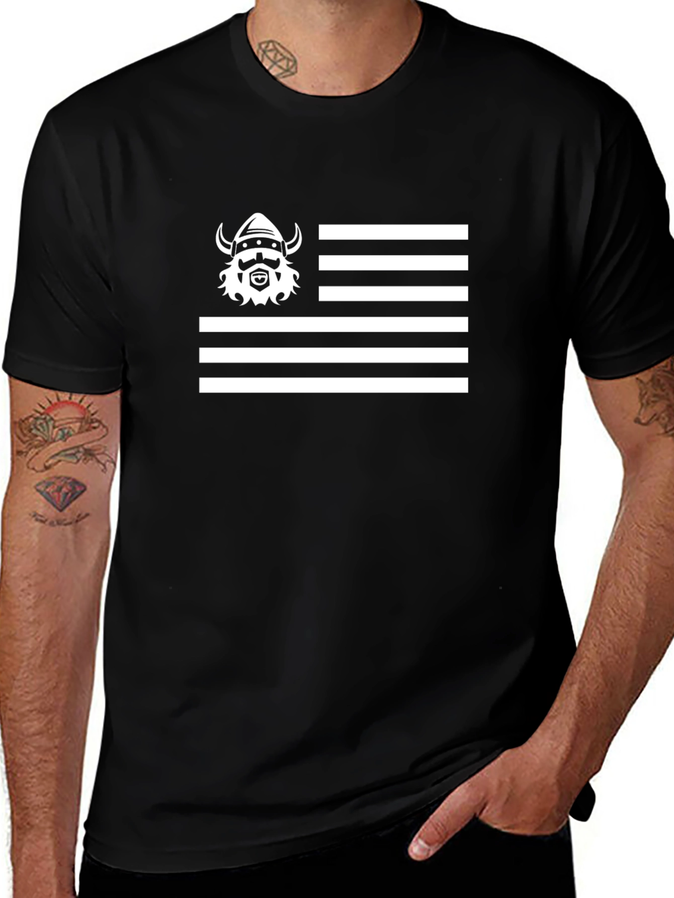 Viking Flag Graphic Tee - Black Cotton Casual T-Shirt