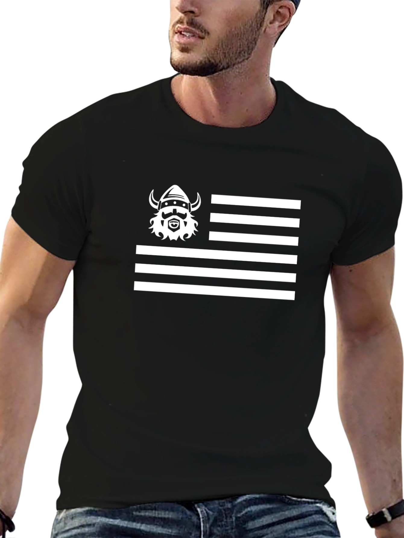 Viking Flag Graphic Tee - Black Cotton Casual T-Shirt