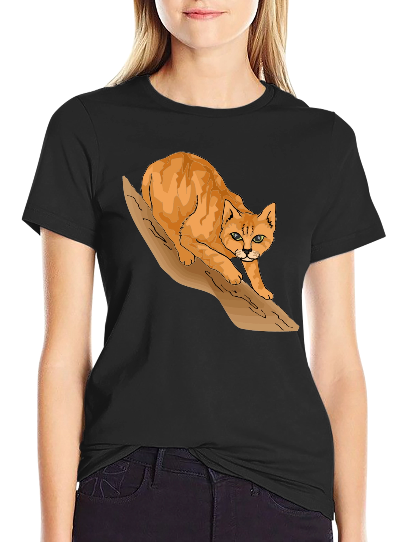 Cool Cat on Branch Graphic Tee - Black T-Shirt