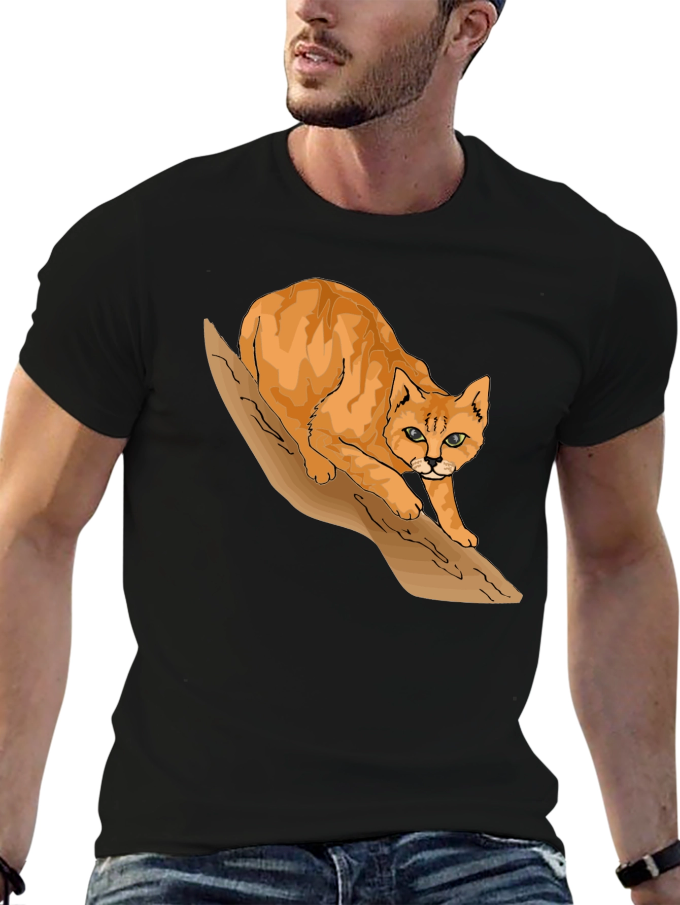 Cool Cat on Branch Graphic Tee - Black T-Shirt
