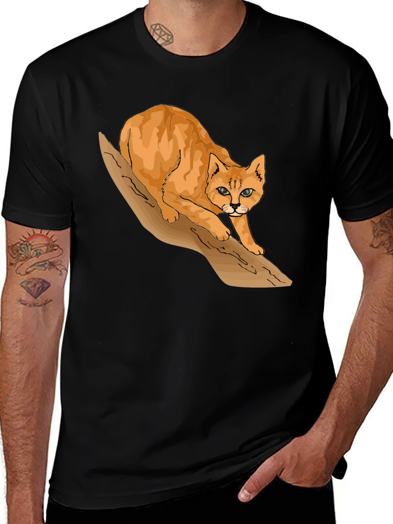 Cool Cat on Branch Graphic Tee - Black T-Shirt