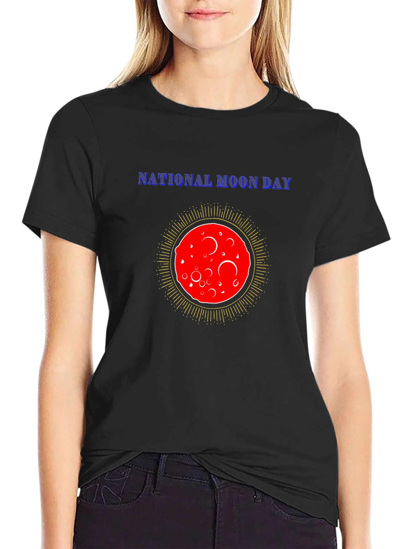 National Moon Day T-Shirt Black Cotton Tee