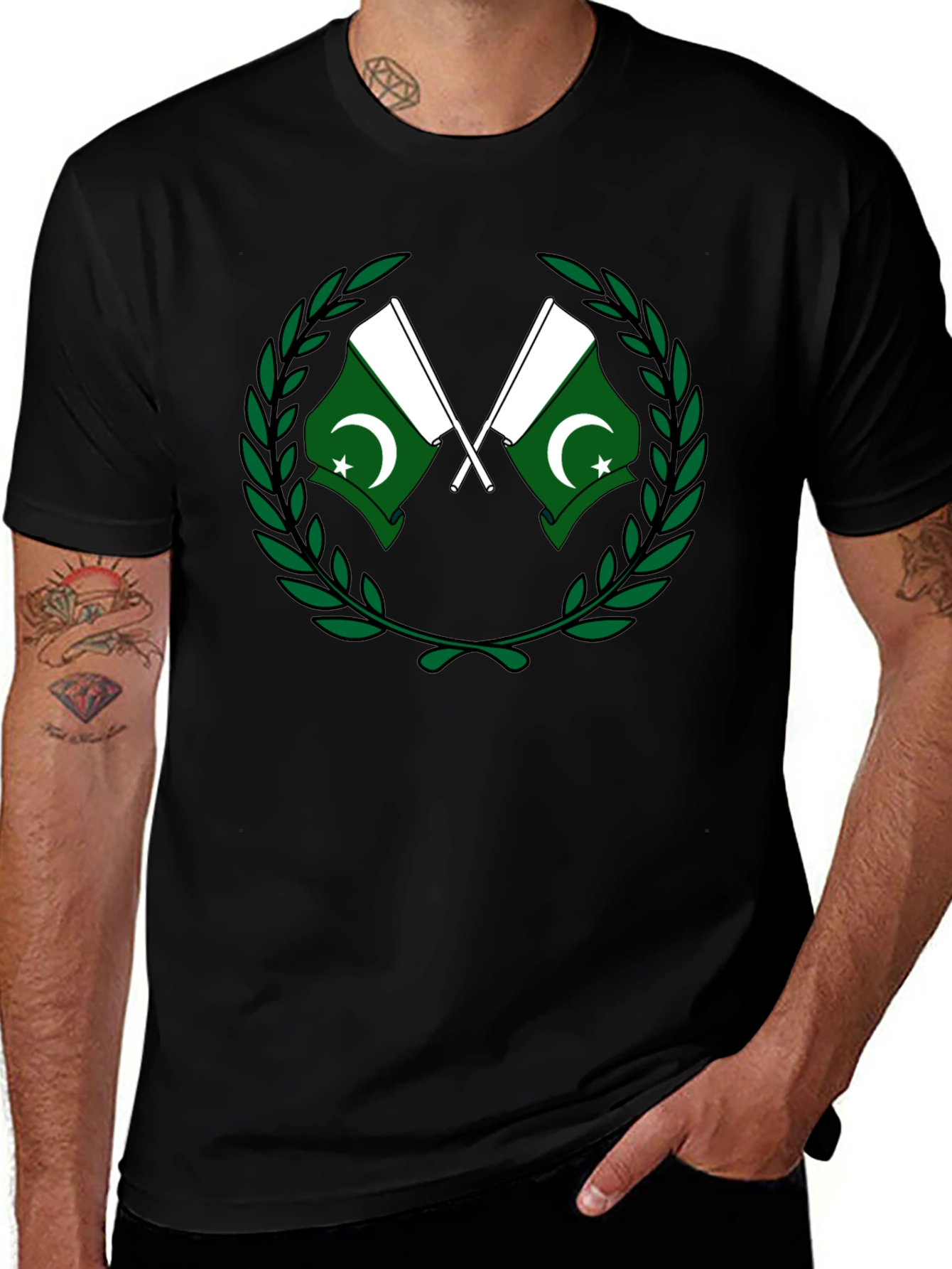 Pakistan Flag T-Shirt - Green and White Crest Design