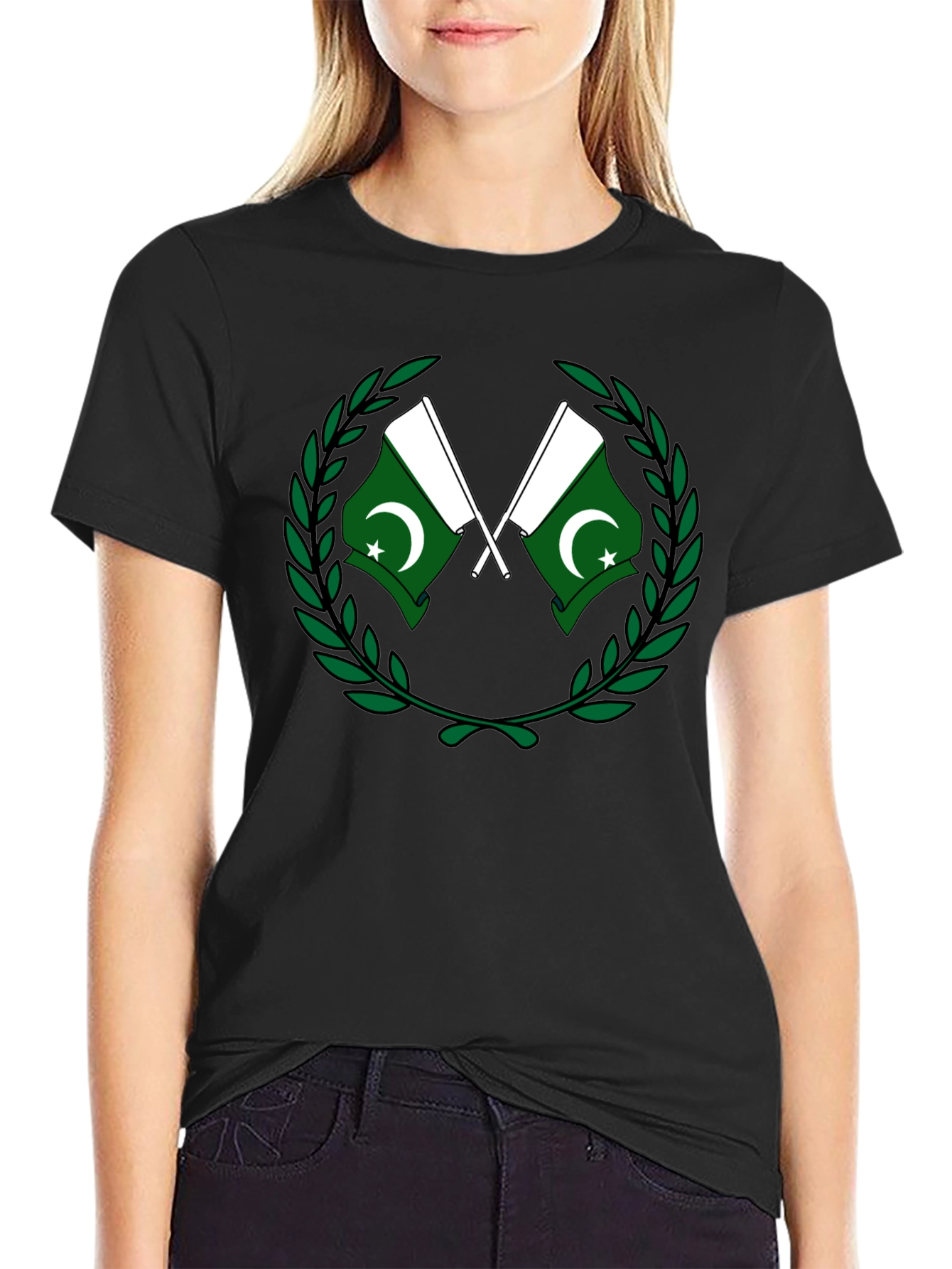 Pakistan Flag T-Shirt - Green and White Crest Design