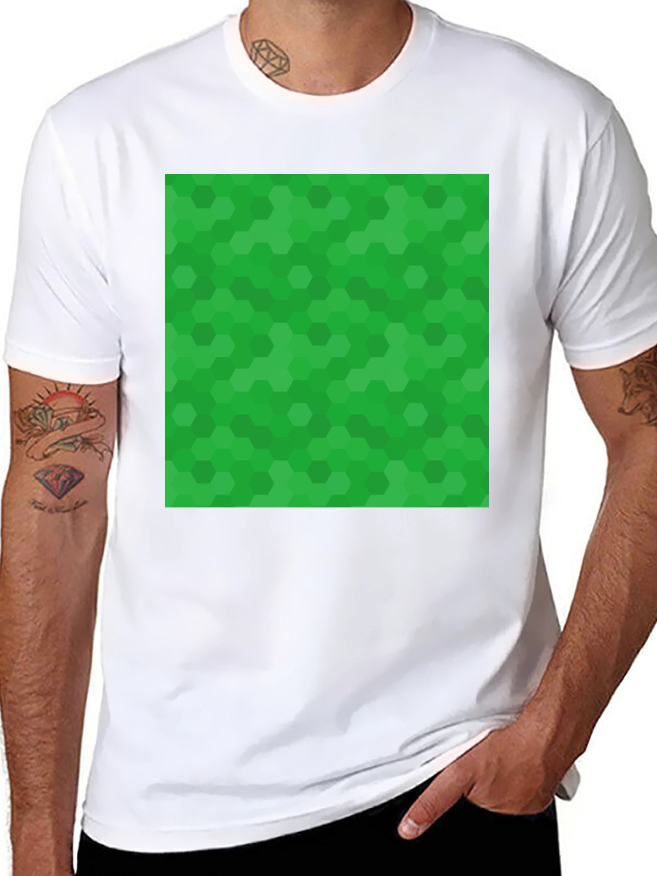 Green Hex Pattern Black T-Shirt
