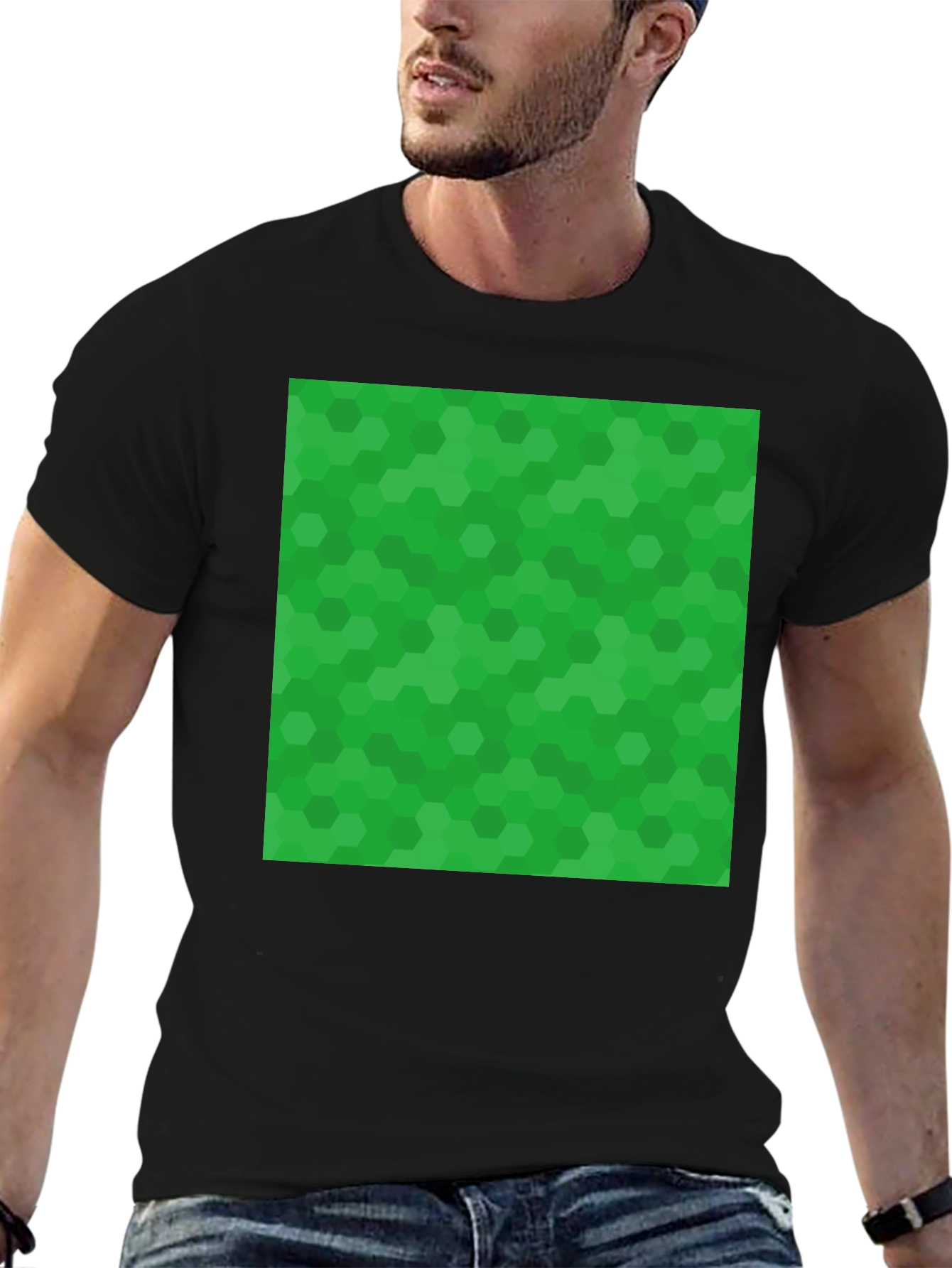 Green Hex Pattern Black T-Shirt