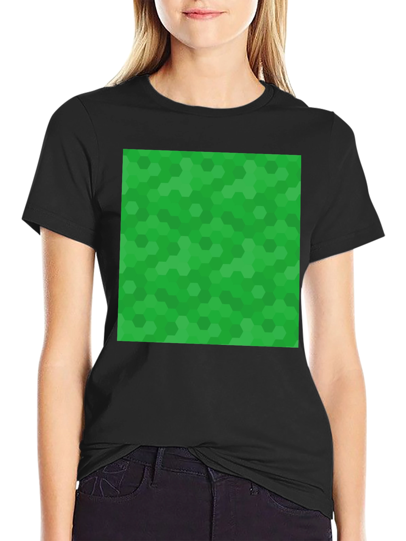 Green Hex Pattern Black T-Shirt