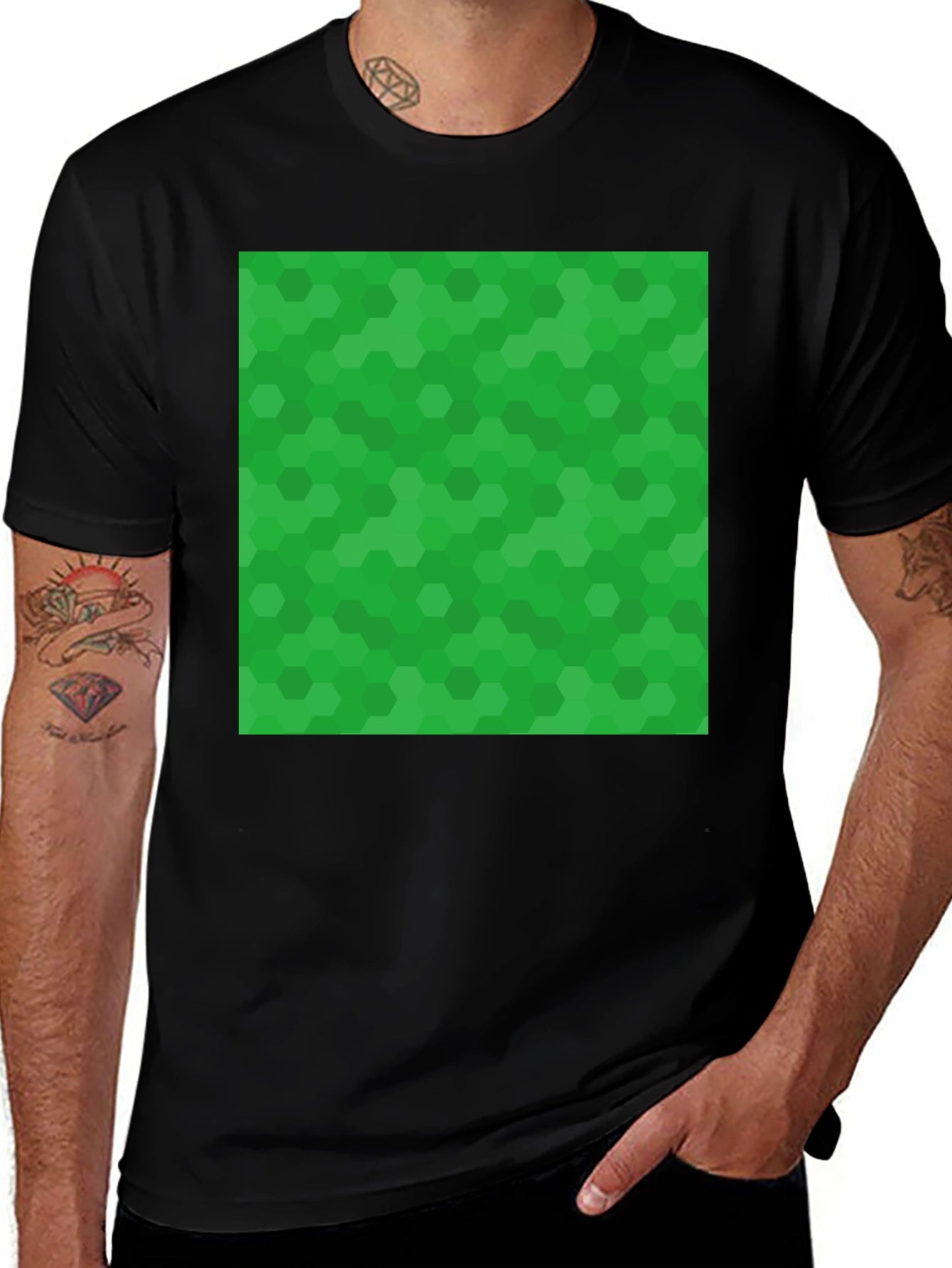 Green Hex Pattern Black T-Shirt