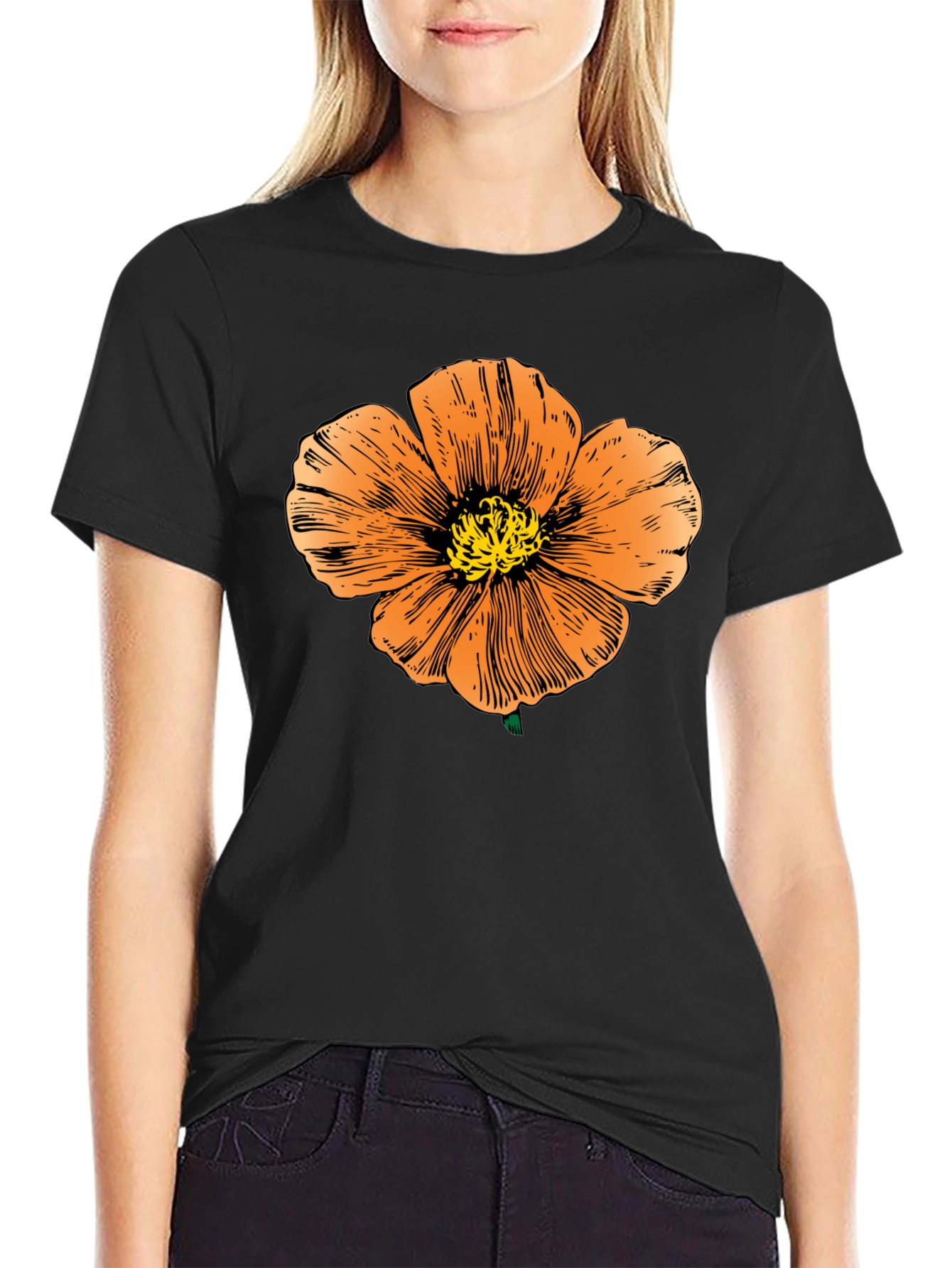 Black T-Shirt with Orange Flower Graphic